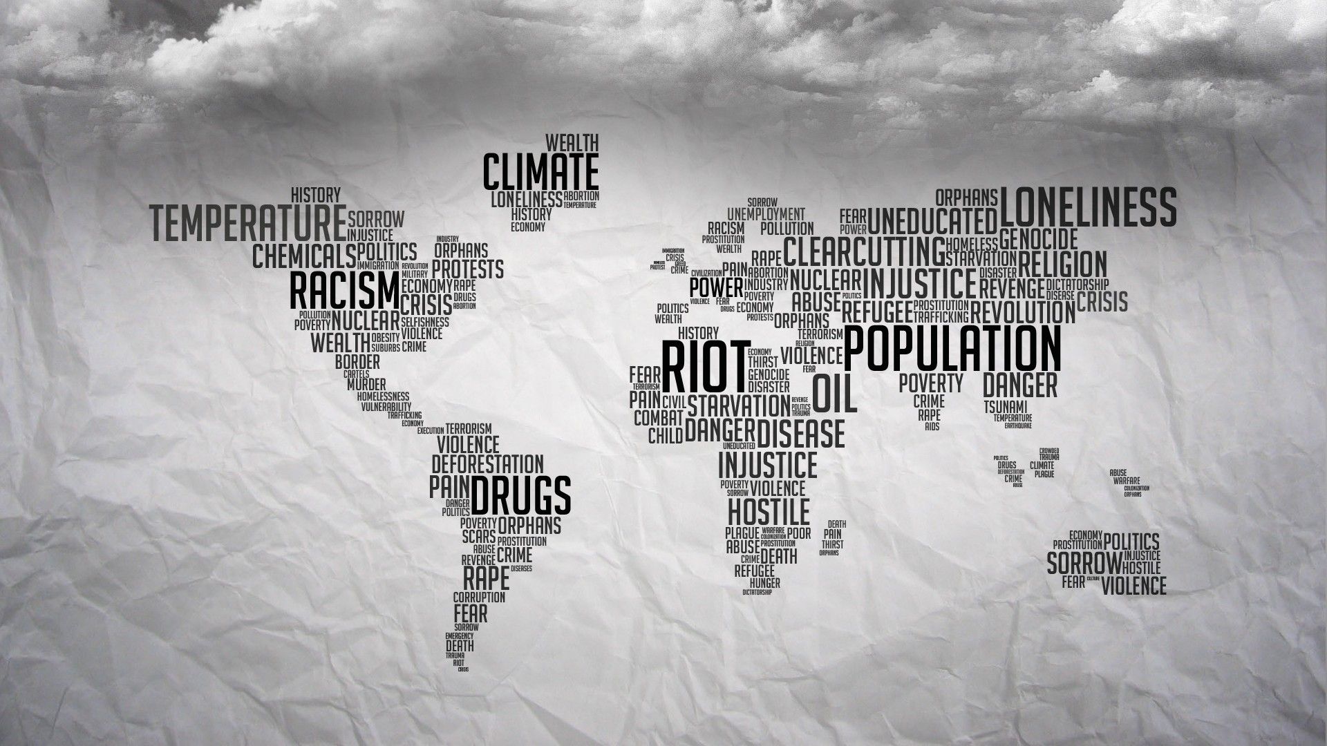 Wortwolke, Typografie, Climate, Population, Schwarz-Weiß, Full HD, Breitbild-Hintergrundbild