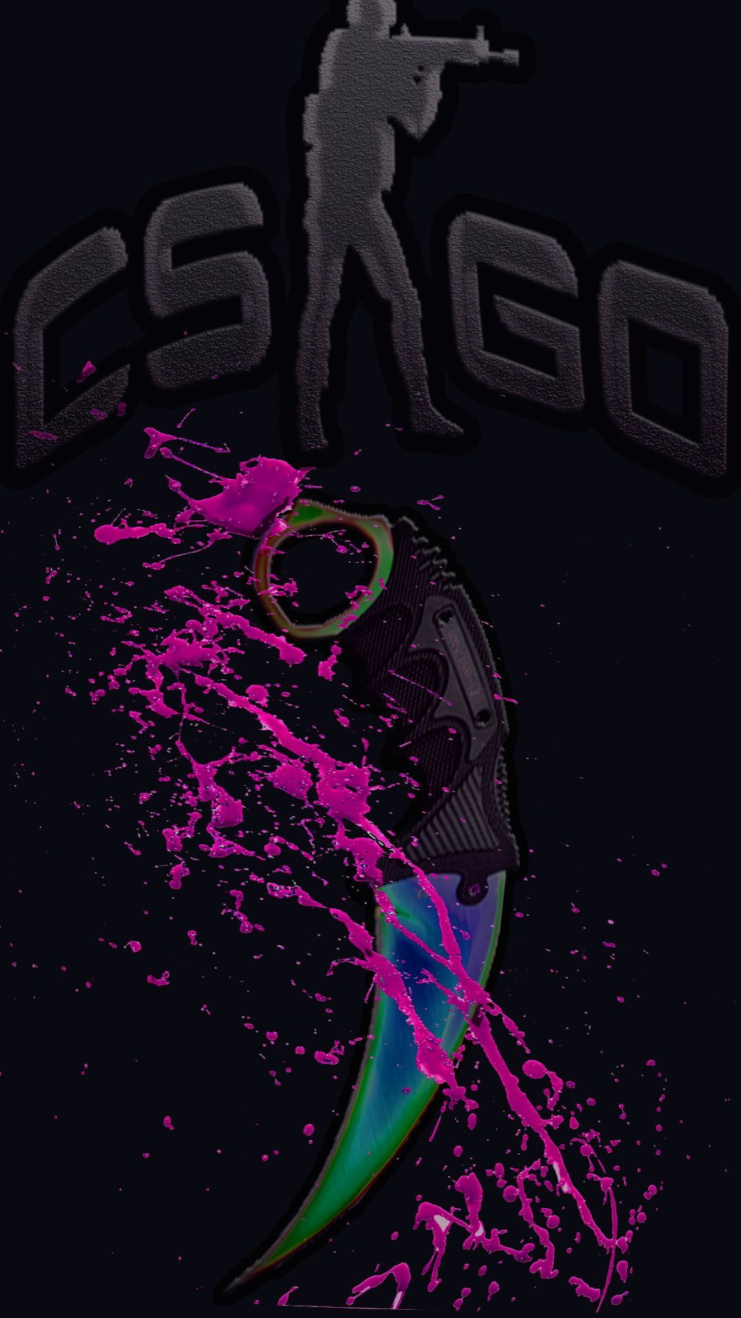 CS:GO, Logo, Karambit, Messer, Pinke Farbspritzer, Full HD, Handy-Hintergrund im Hochformat