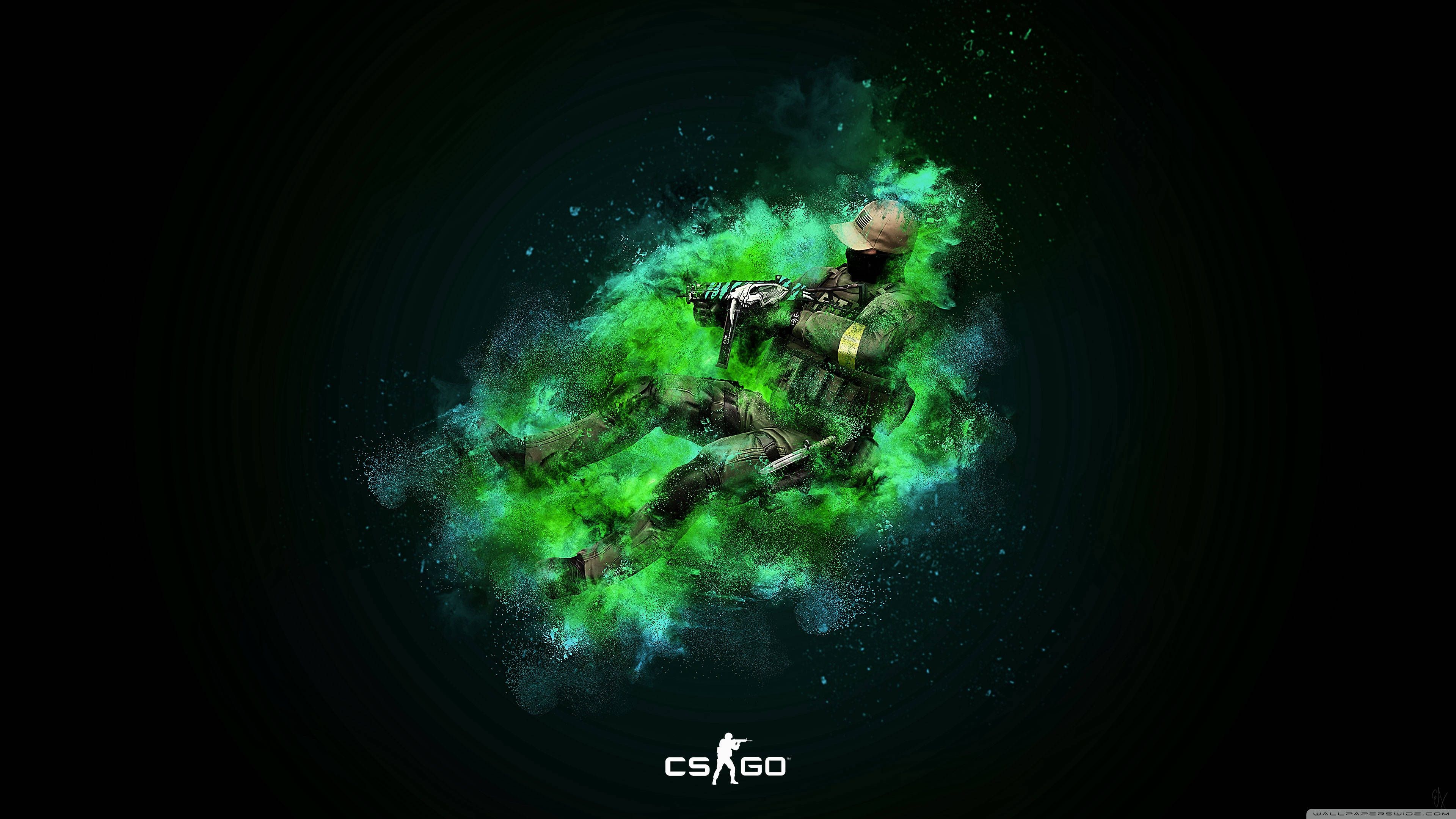 CS:GO, Soldat, Grüner Rauch, Partikel, Schwarzer Hintergrund, 4K Wallpaper