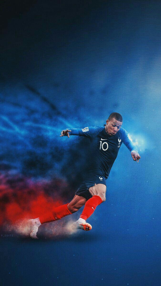 Kylian Mbappé, Französische Nationalmannschaft, Digital Art, Blau, Rauch, Sperrbildschirm fürs iPhone