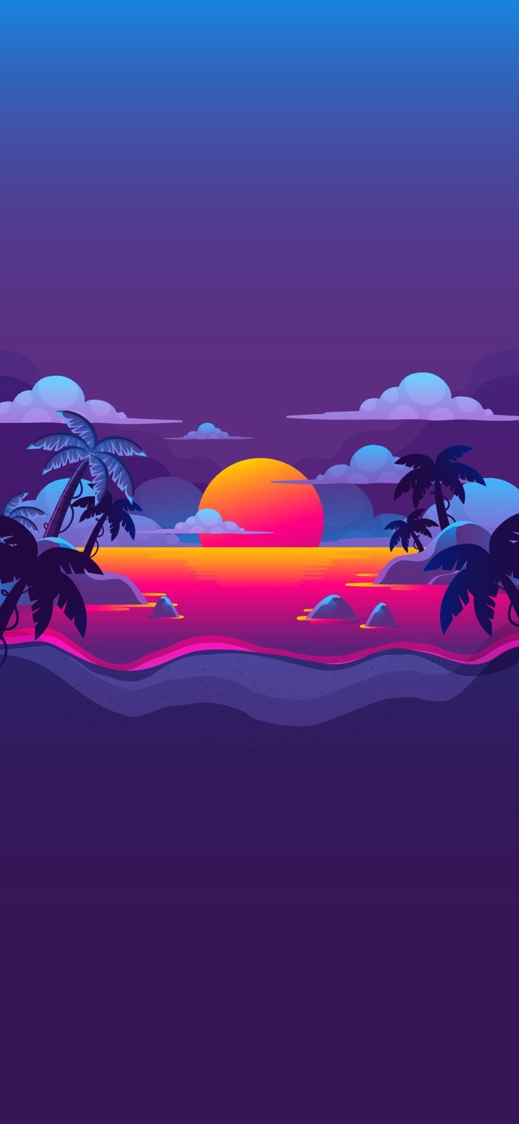 Synthwave, Sonnenuntergang, Palmen, Retro, Lila, Vektorgrafik, Android-Hintergrundbild