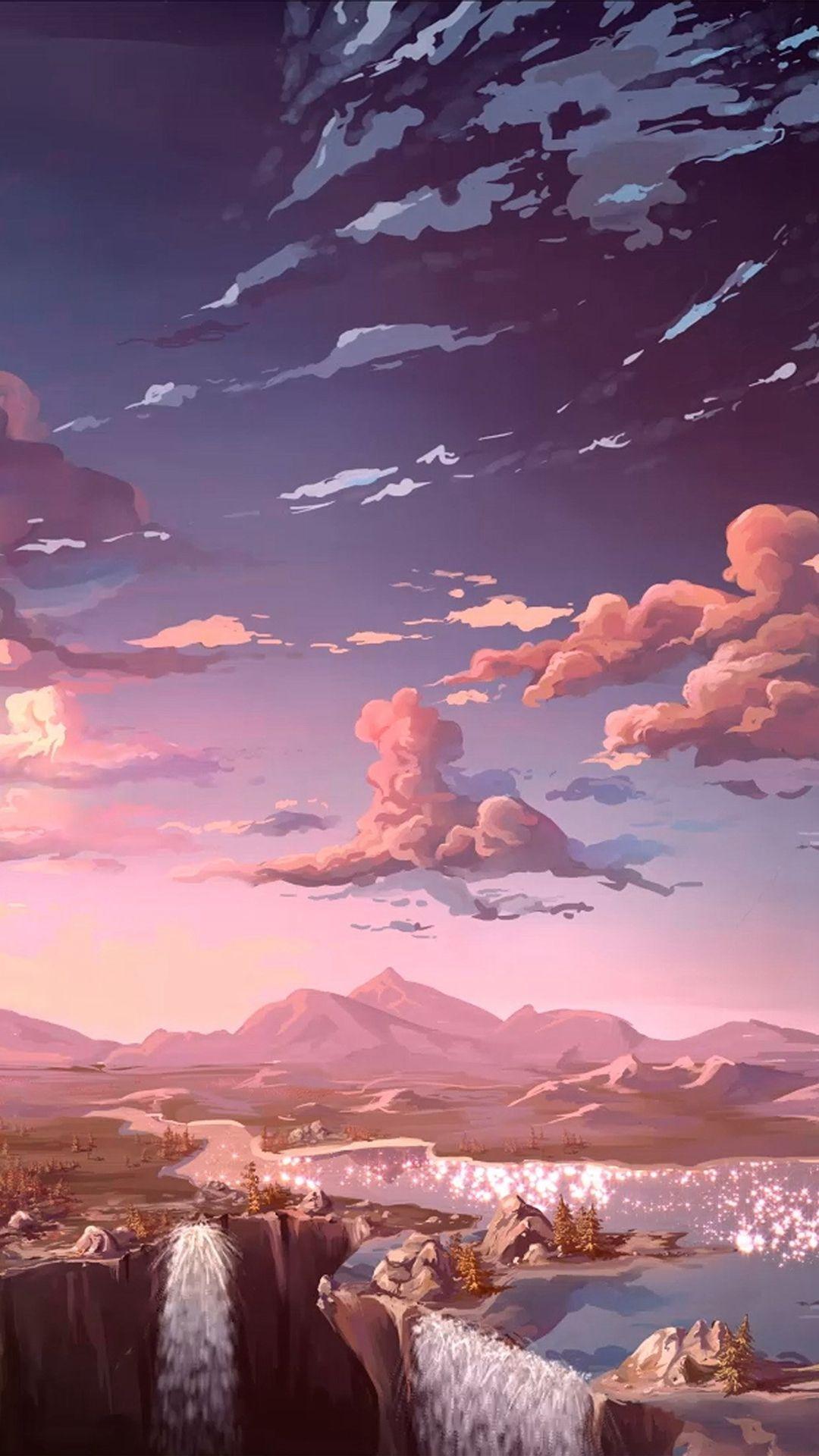 Wolkenhimmel, Wasserfall, Fantasy-Landschaft, Rosa Wolken, Digitale Kunst, Full HD, iPhone-Hintergrundbild