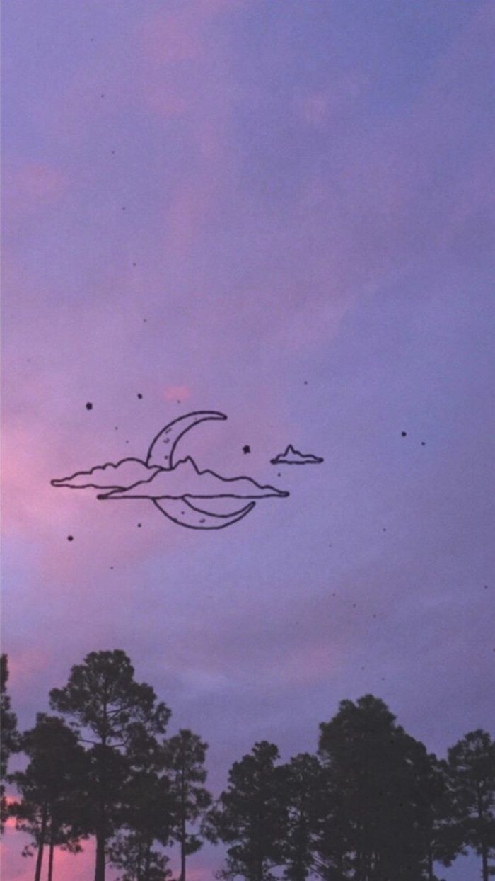 Mond, Linienkunst, Wald, Lila Himmel, Silhouette, Vögel, Hintergrundbild fürs Handy