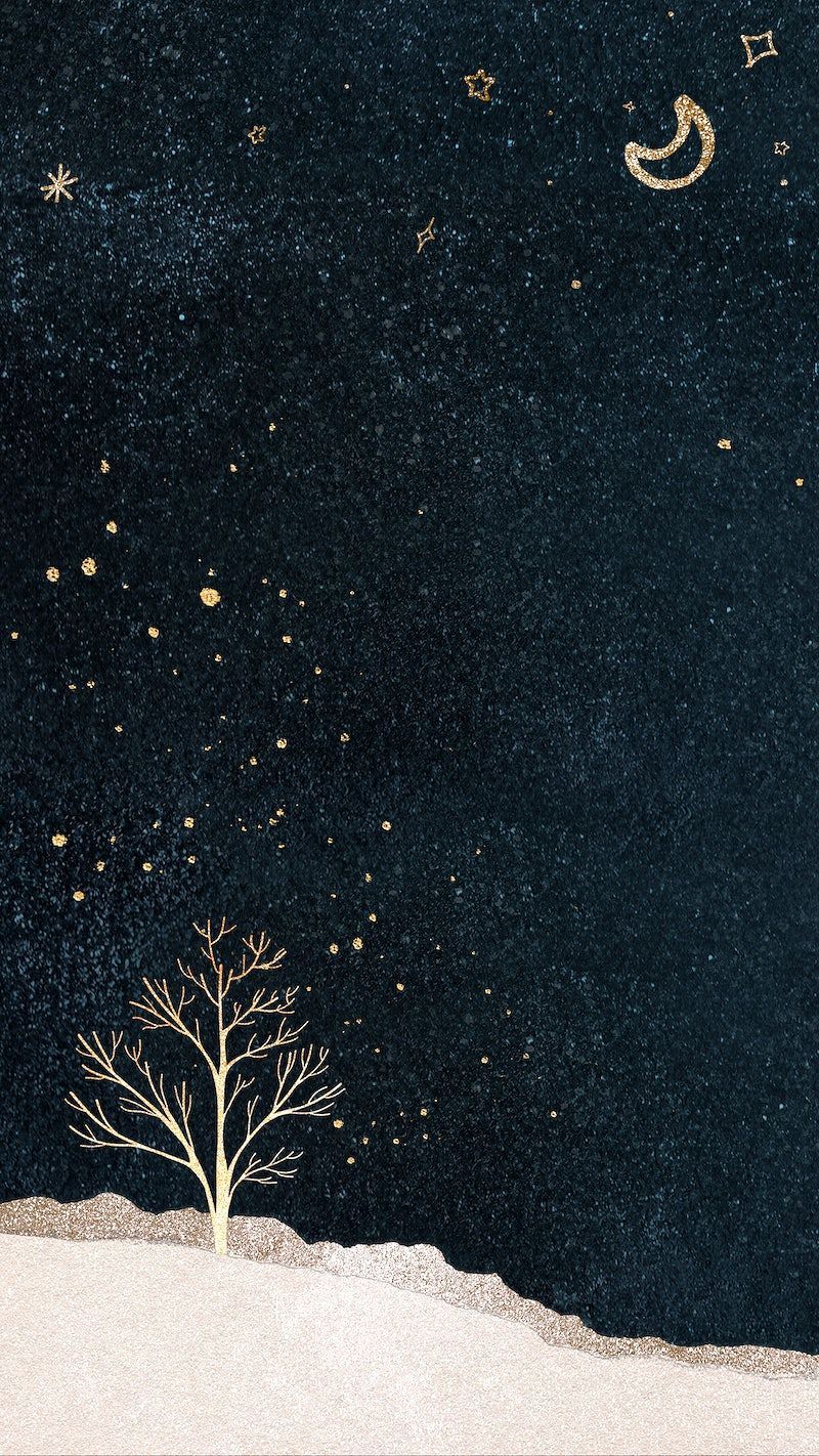 Sternenhimmel, Mond, Baum, Nacht, Schnee, Minimalistisch, Android-Hintergrundbild