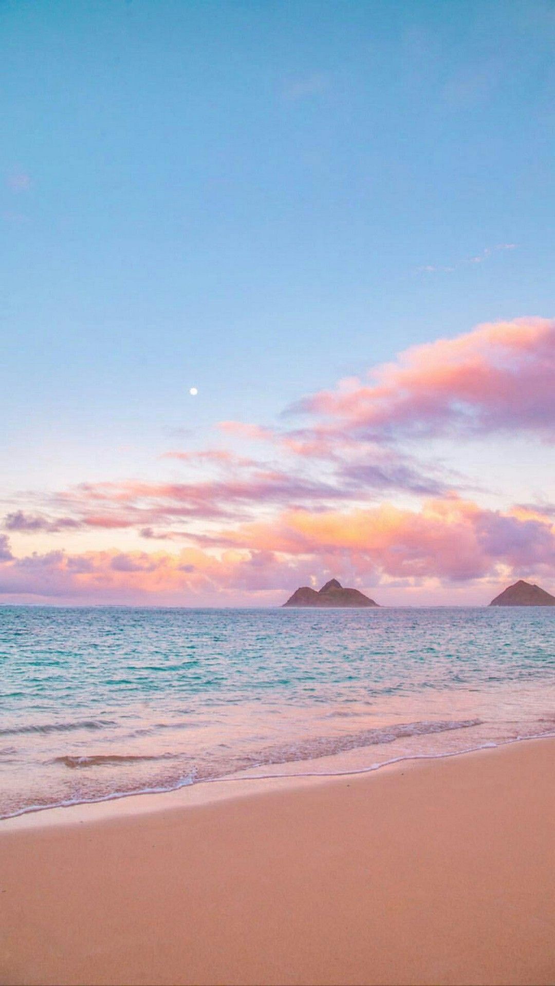 Strand, Meer, Rosa Wolken, Inseln, Sonnenuntergang, Küste, Full HD, Handy-Hintergrund