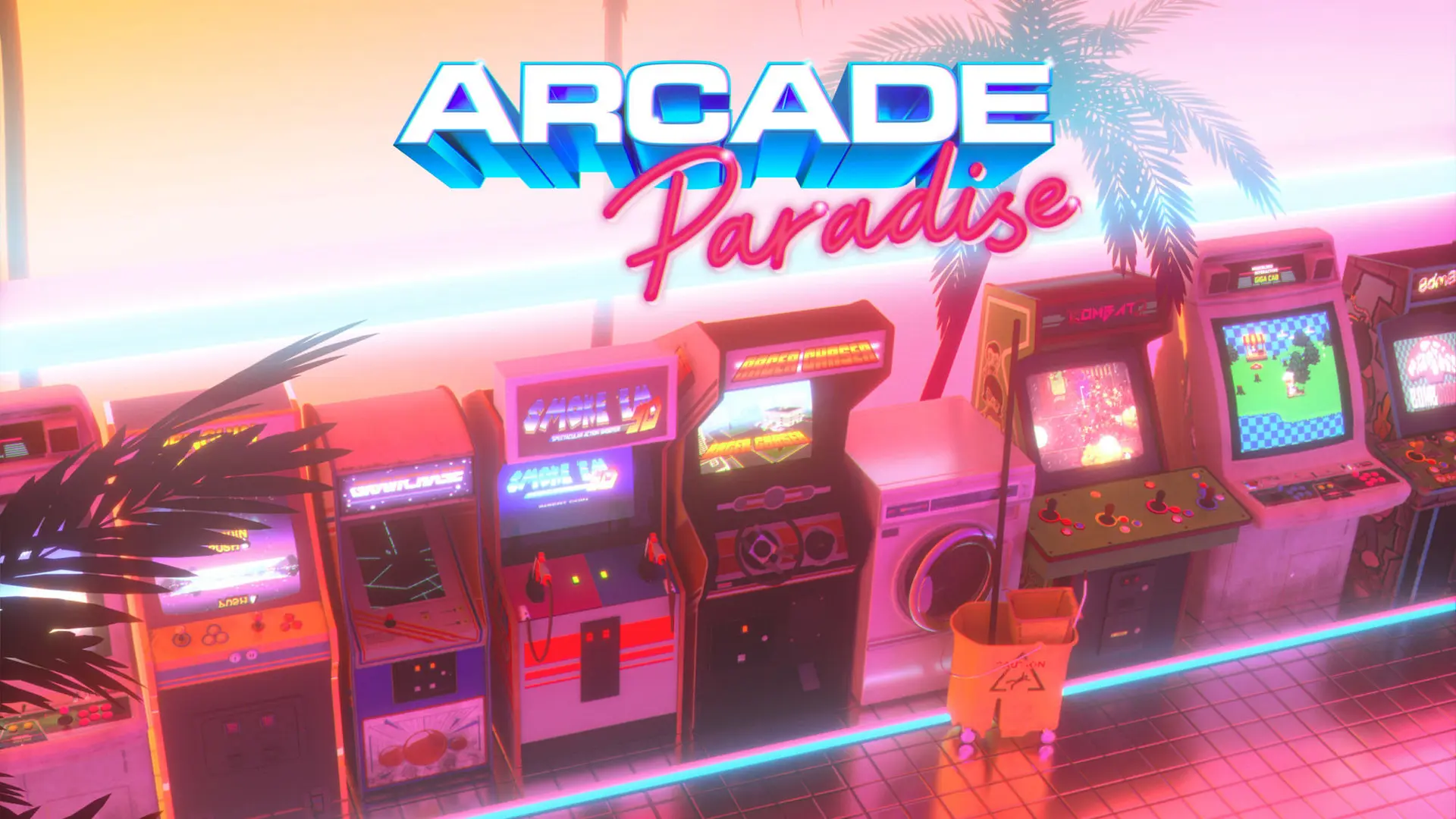 Arcade Paradise, Spielautomaten, Retrowave, Palmen, Neon, 1920x1080, PC-Hintergrundbild