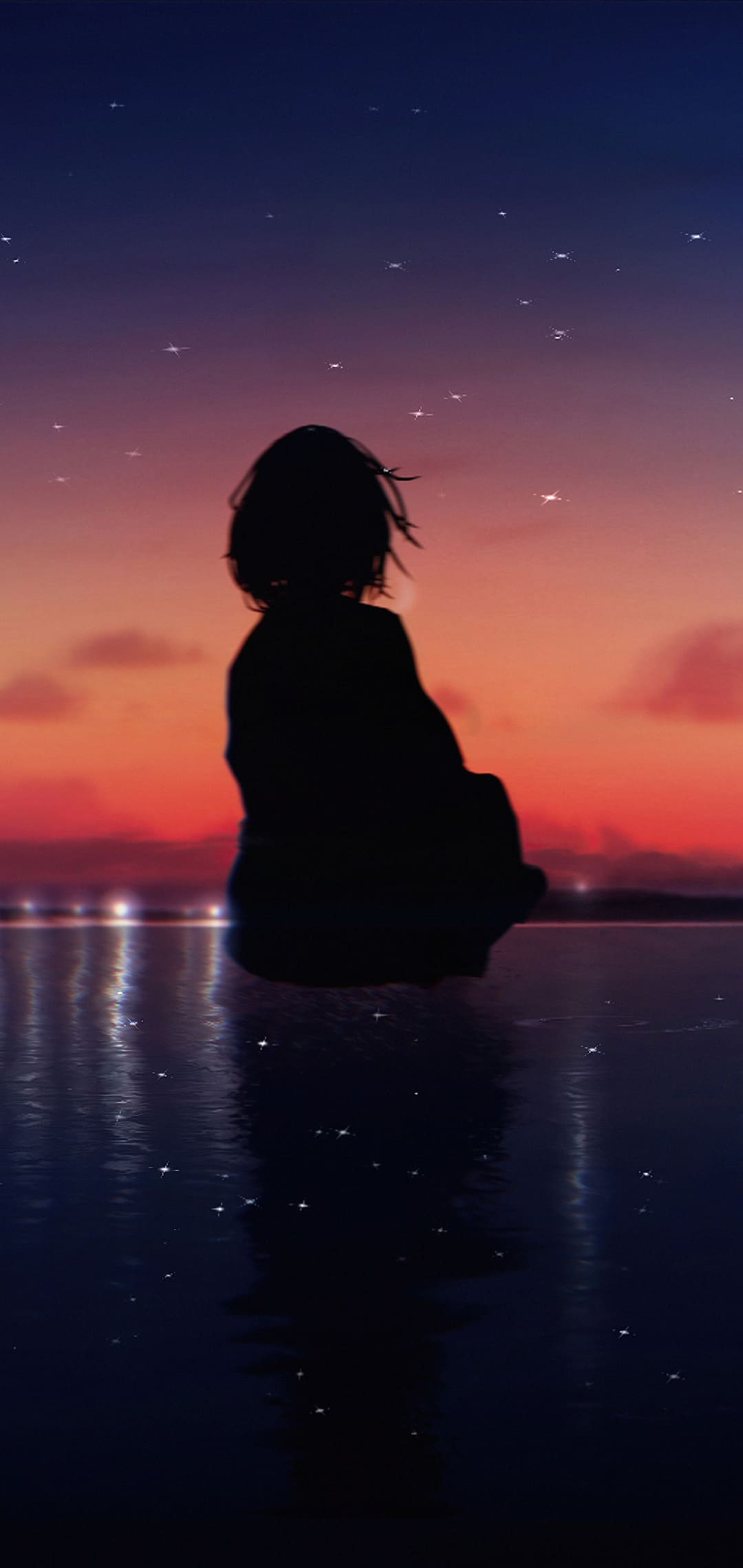 Silhouette, Mädchen, Sonnenuntergang, Meer, Spiegelung, Einsamkeit, Full HD, Handy-Hintergrundbild