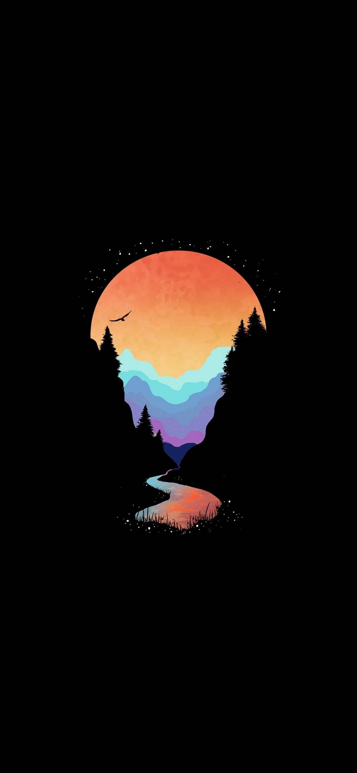 Berge, Regenbogenfarben, Minimalistisch, Schwarzer Hintergrund, Vögel, Illustration, Sperrbildschirm