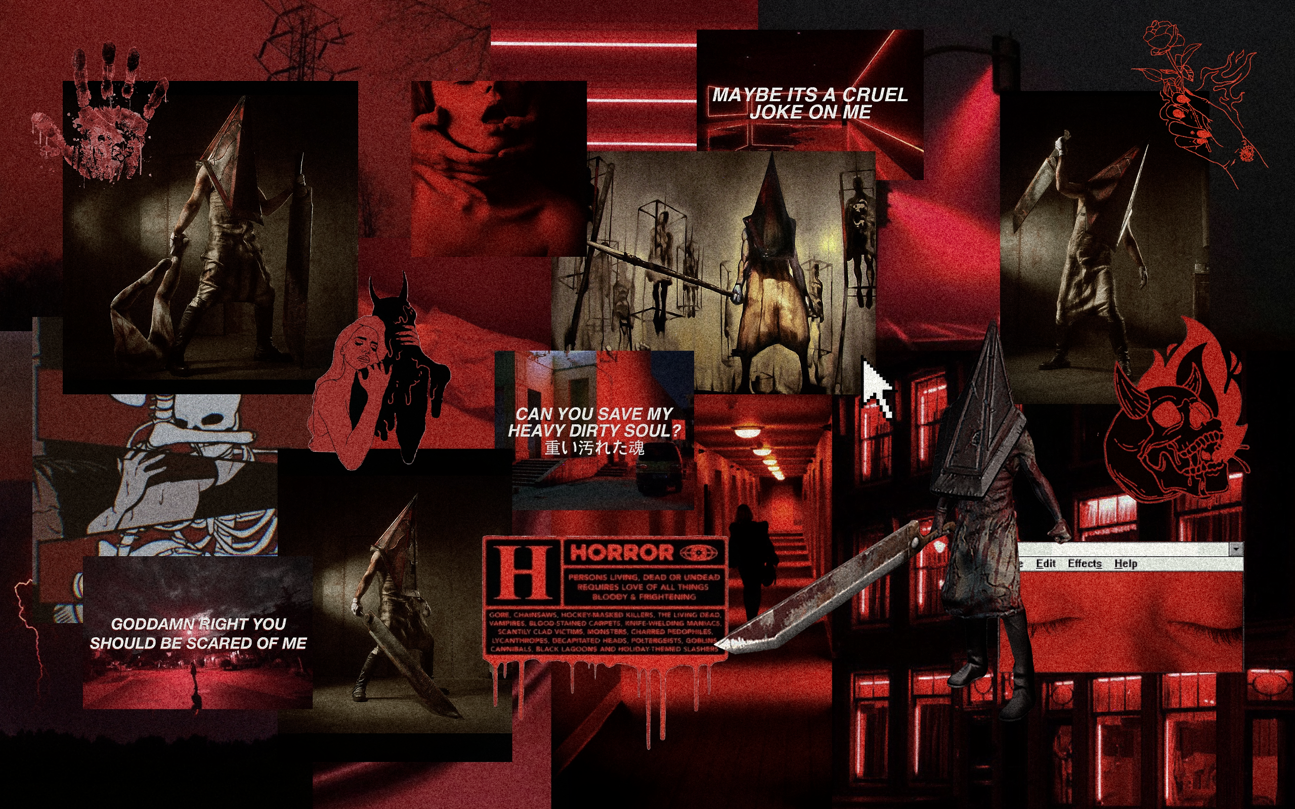 Pyramid Head, Silent Hill, Collage, Rot, Horror, 2K, Hintergrundbild für den PC