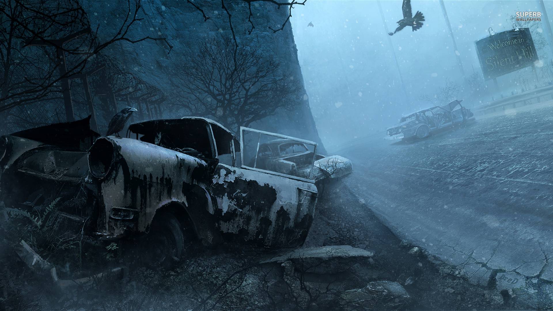 Silent Hill, Autowrack, Abgrund, Nebel, Krähe, 1920x1080, Full-HD-Hintergrundbild für PC