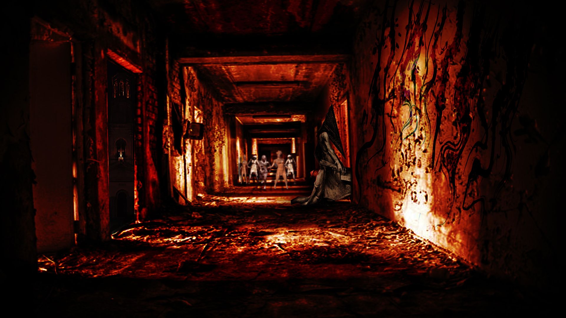 Silent Hill, Anderswelt, Korridor, Feuer, Rot, Full HD, Desktop-Hintergrund für Windows