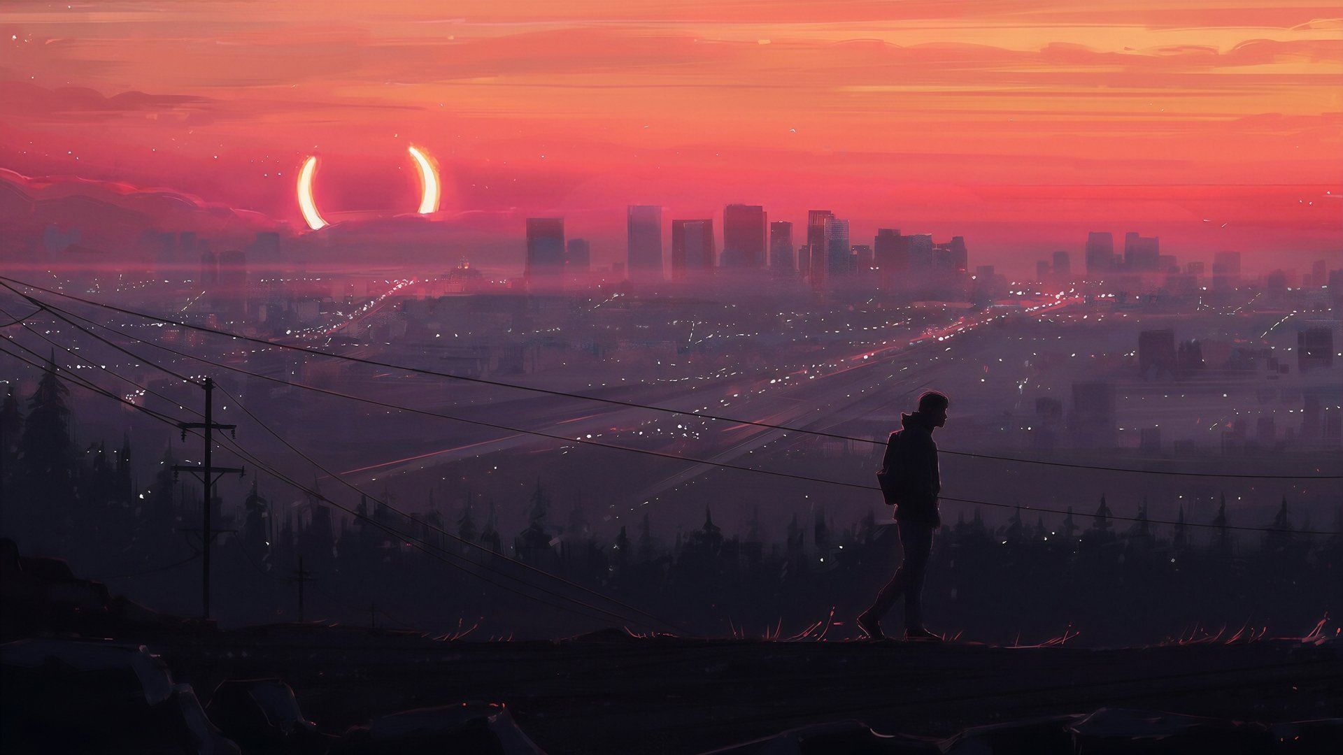 Stadtansicht, Sonnenuntergang, Silhouette, Wanderer, Digitale Kunst, Abendrot, Full-HD-Hintergrundbild