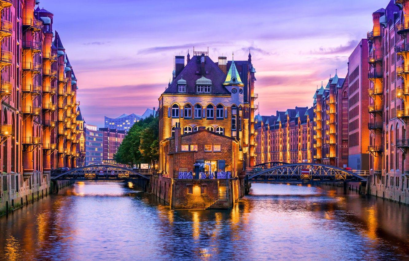 Wasserschloss, Speicherstadt, Hamburg, Fleet, Abenddämmerung, Beleuchtung, HD, Desktop-Hintergrund