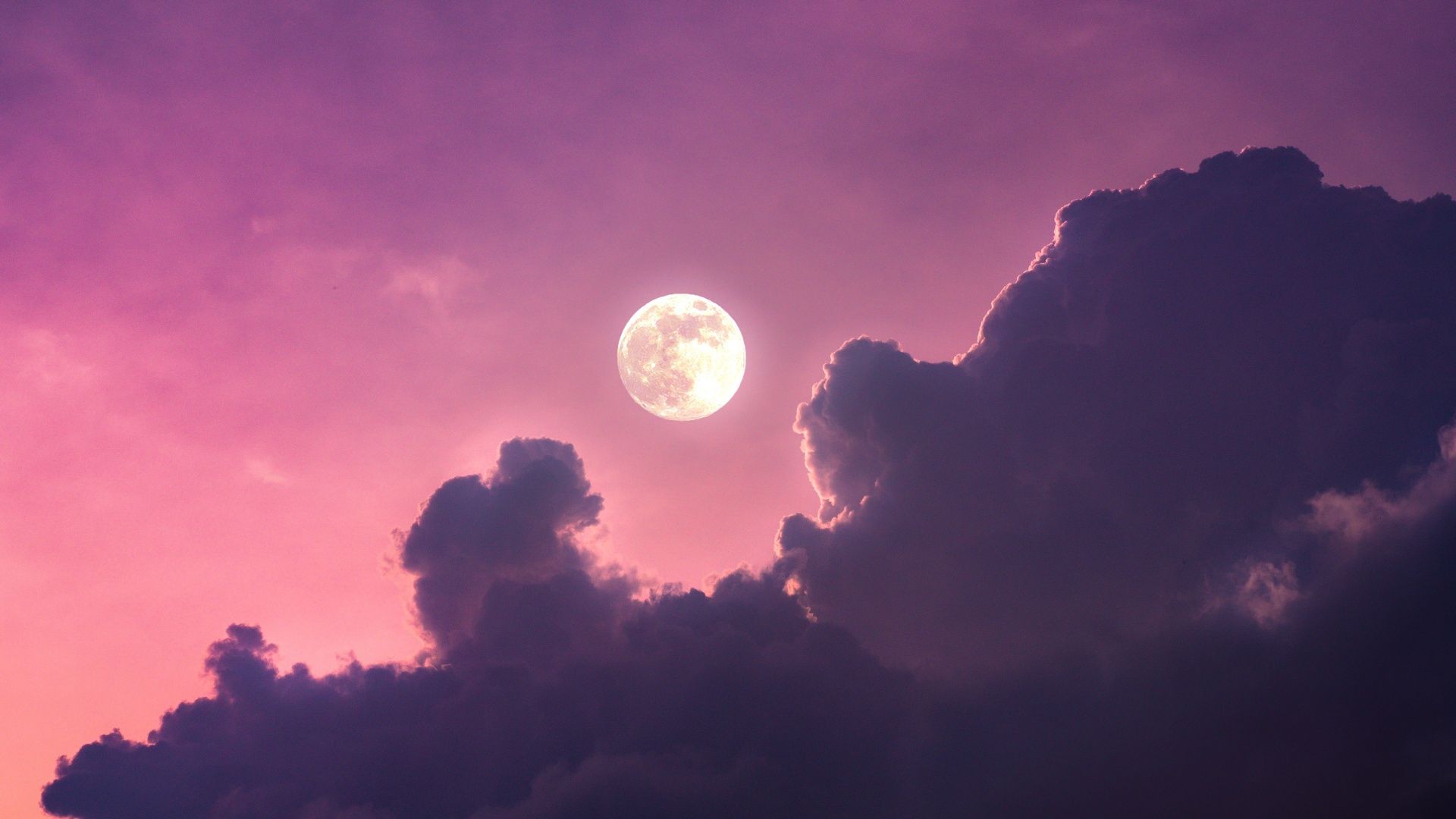 Vollmond, Wolken, Rosa Himmel, Dämmerung, Abend, Full HD 1080p, Desktop-Hintergrundbild