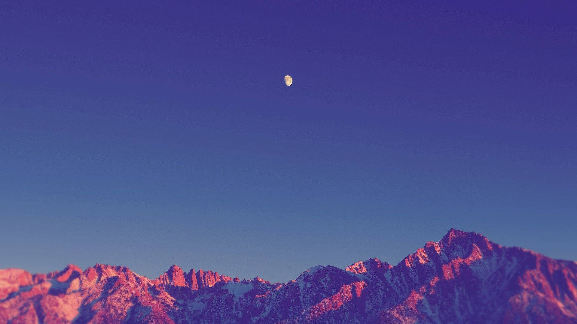 Bergkette, Mond, Blauer Himmel, Alpenglühen, Minimalistisch, Full-HD-Hintergrundbild für PC