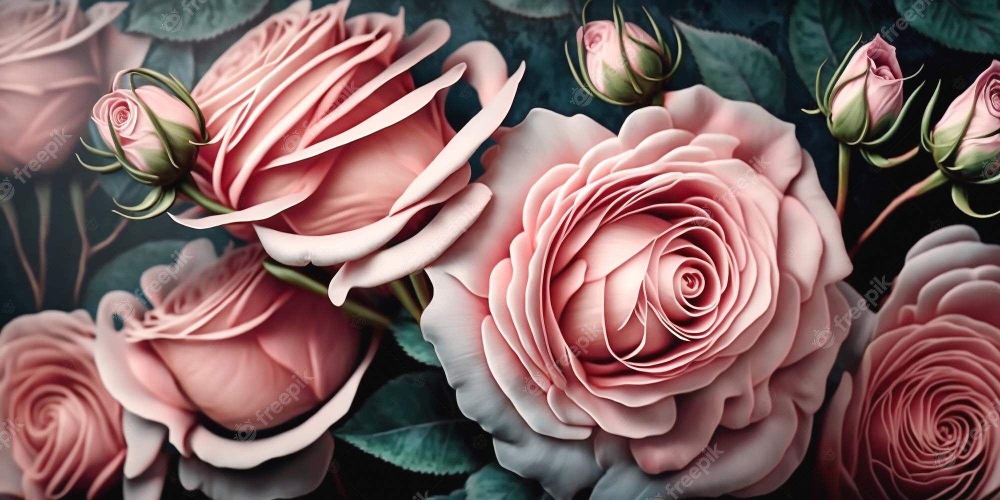 Rosa Rosen, Gemälde, Florales Motiv, Dunkle Blätter, Full HD, Desktop-Hintergrund für Windows