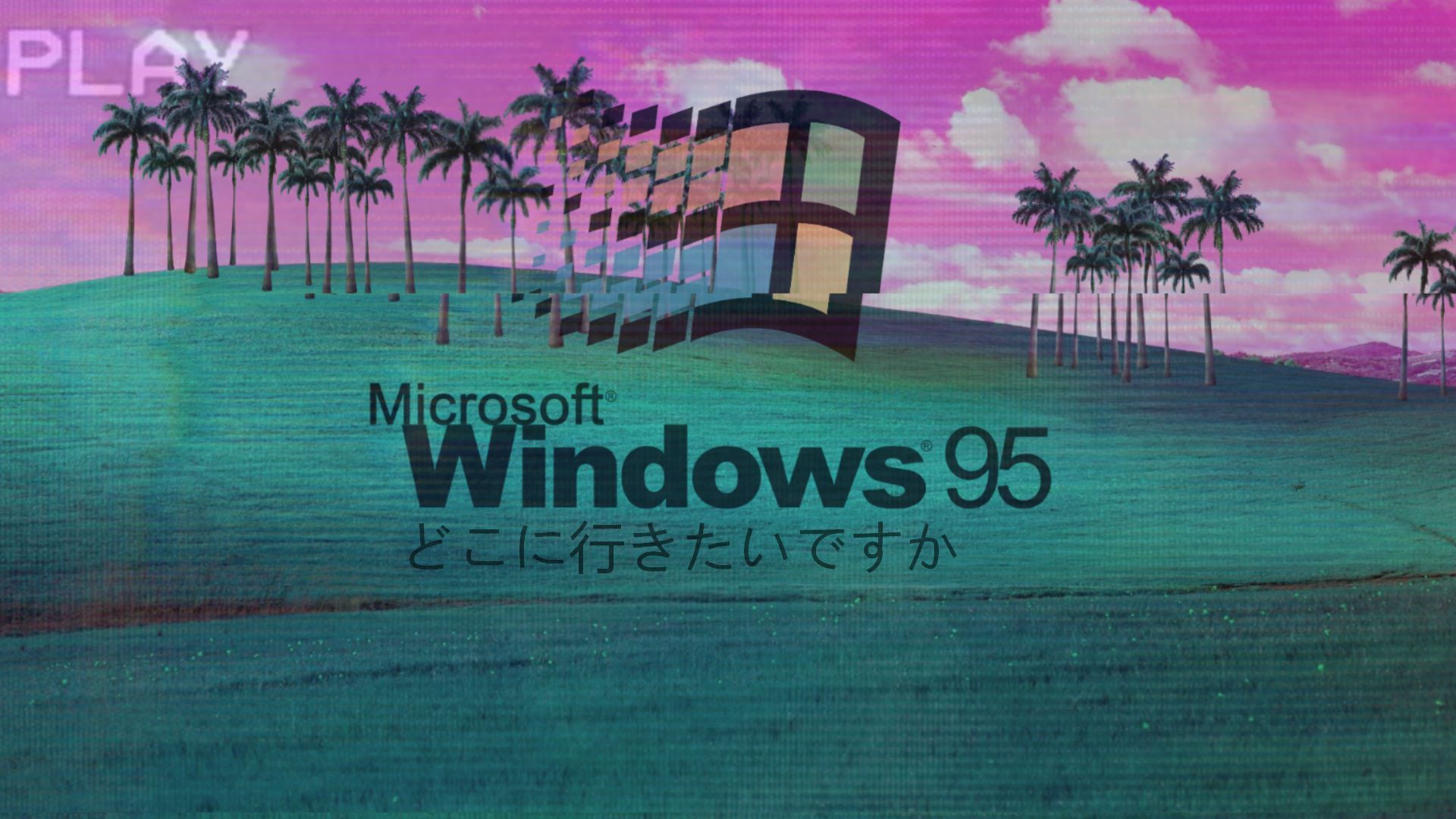 Windows 95, Microsoft, Vaporwave, Palmen, Retro, Japanische Schrift, Full HD, Breitbild-Hintergrundbild