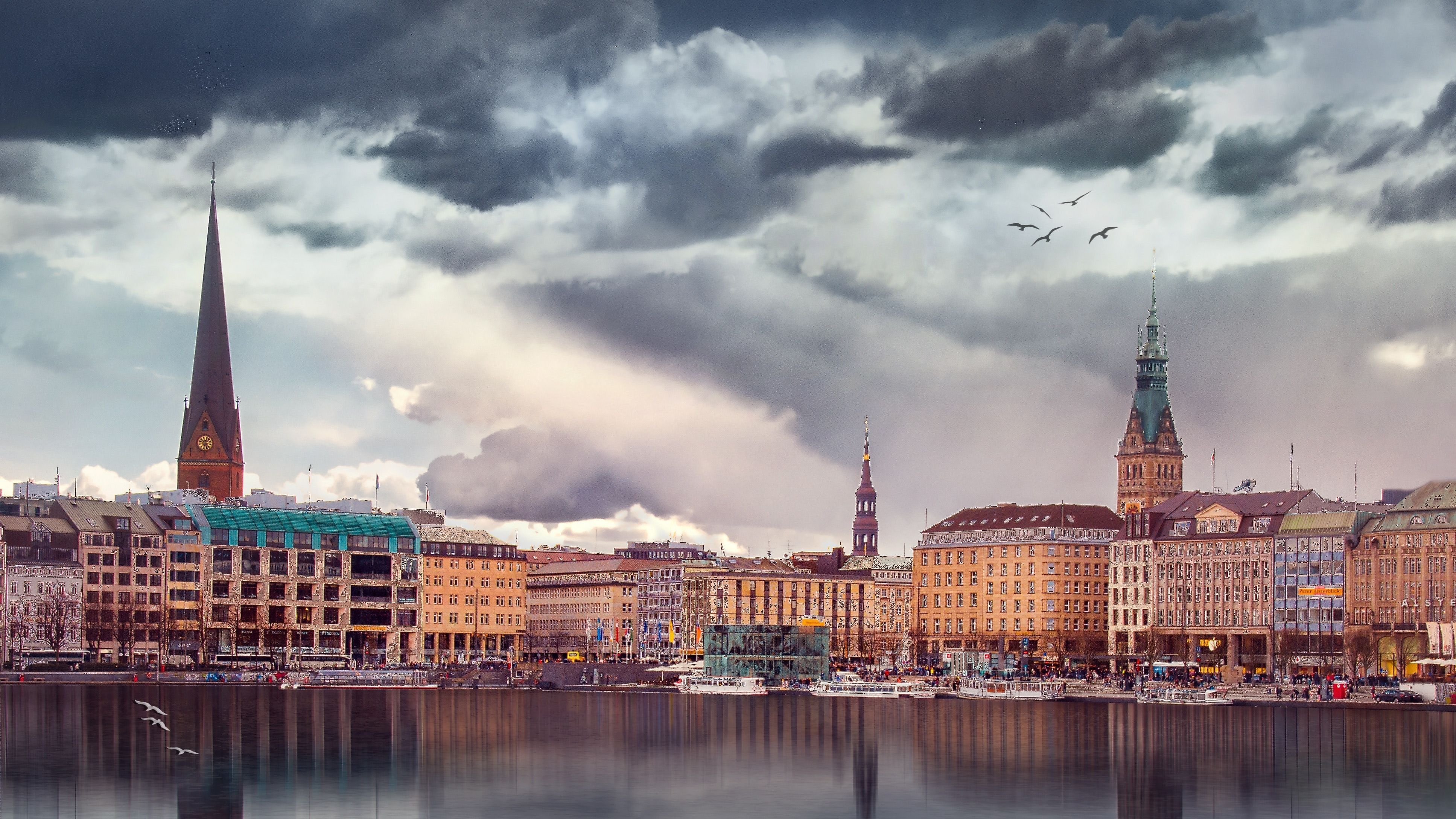 Binnenalster, Jungfernstieg, Hamburger Rathaus, St. Petri, Hamburg, Wolken, 4K, Desktop-Hintergrund