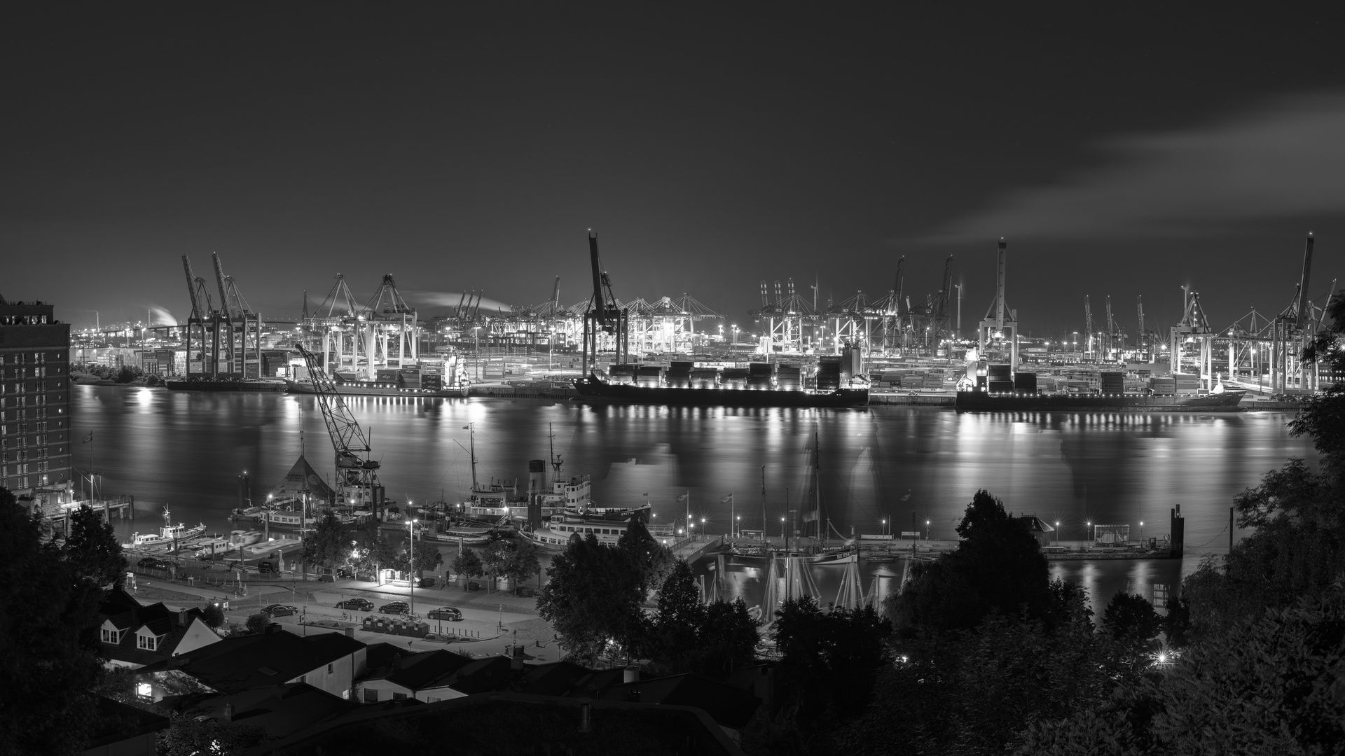 Hamburger Hafen, Hamburg, Containerkräne, Elbe, Nacht, Schwarz-Weiß, Full HD, PC-Hintergrundbild