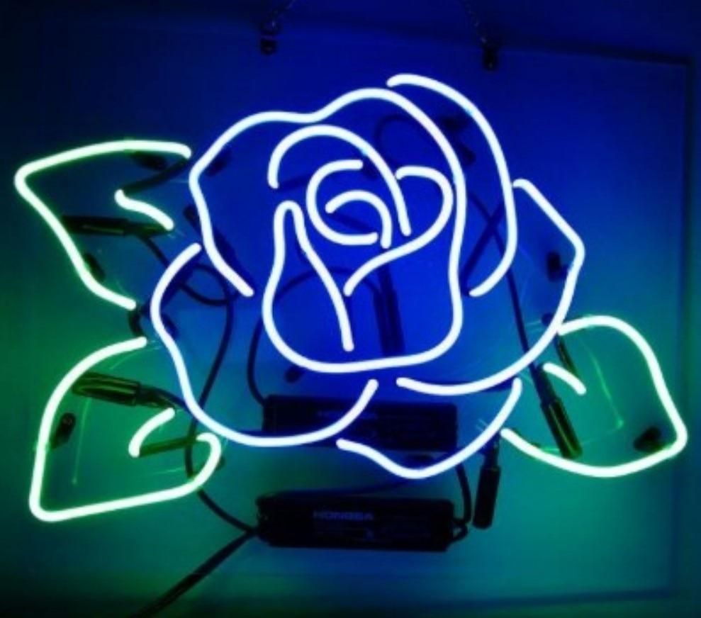 Neon-Rose, Blau, Leuchtreklame, Grüne Blätter, Hintergrundbild für iPad und Tablet