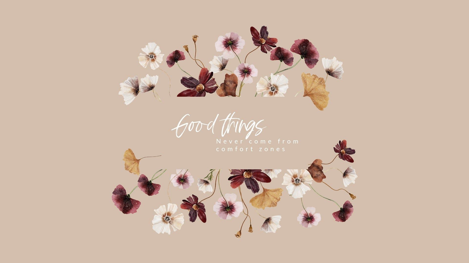 Good Things, Schriftzug, Blumenkranz, Beige, Aquarell, 16:9, Full-HD-Hintergrundbild für den Desktop