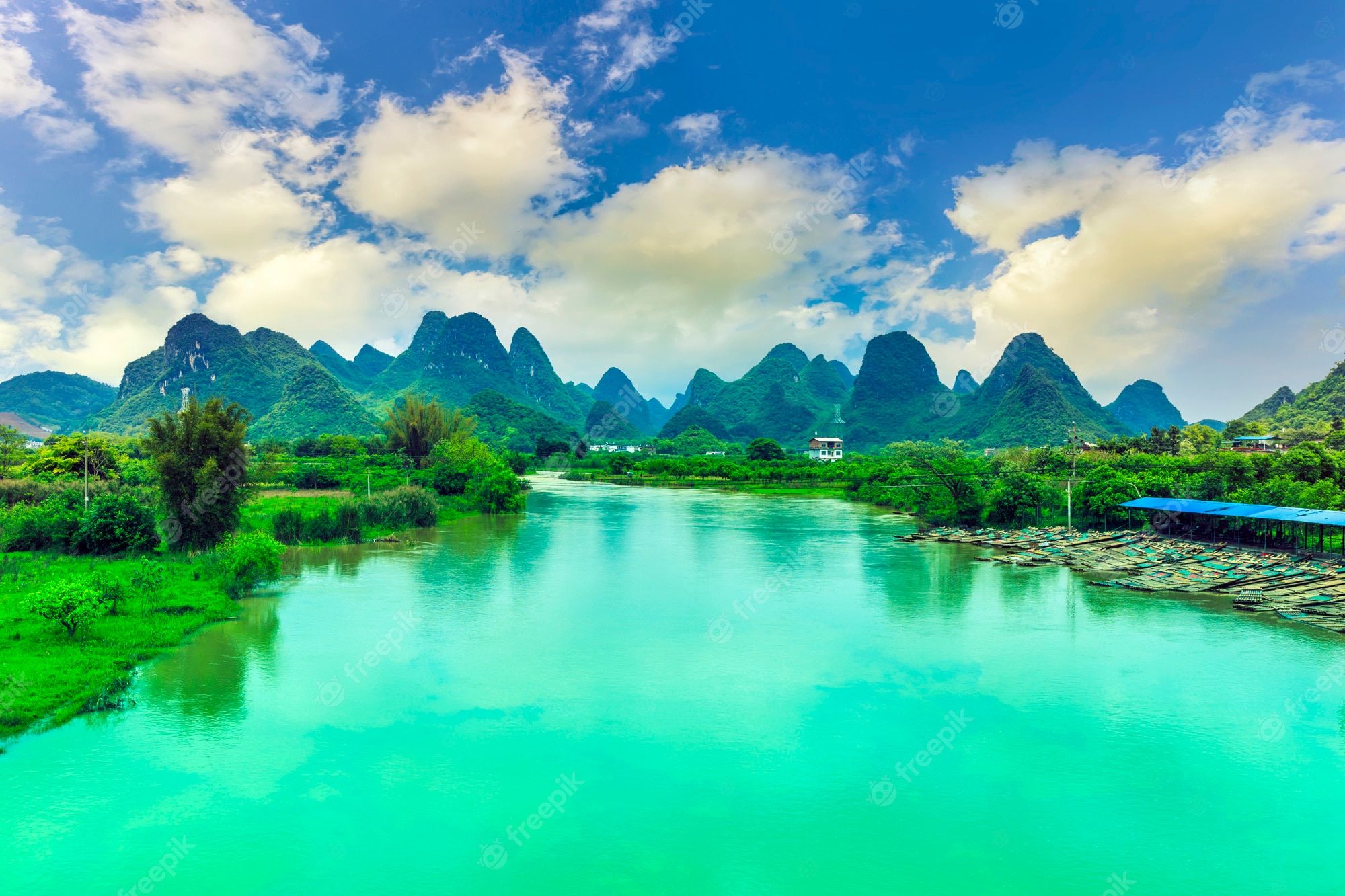 Fluss, Türkises Wasser, Karstberge, Wolken, Grüne Landschaft, Full-HD-Hintergrundbild für PC
