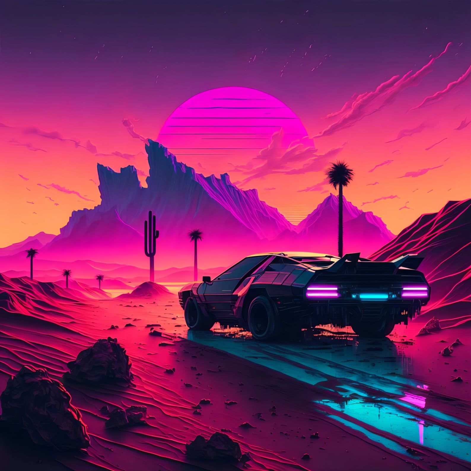 Synthwave, Sportwagen, Wüste, Palmen, Neonsonne, Pink, Hintergrundbild für iPad und Tablet