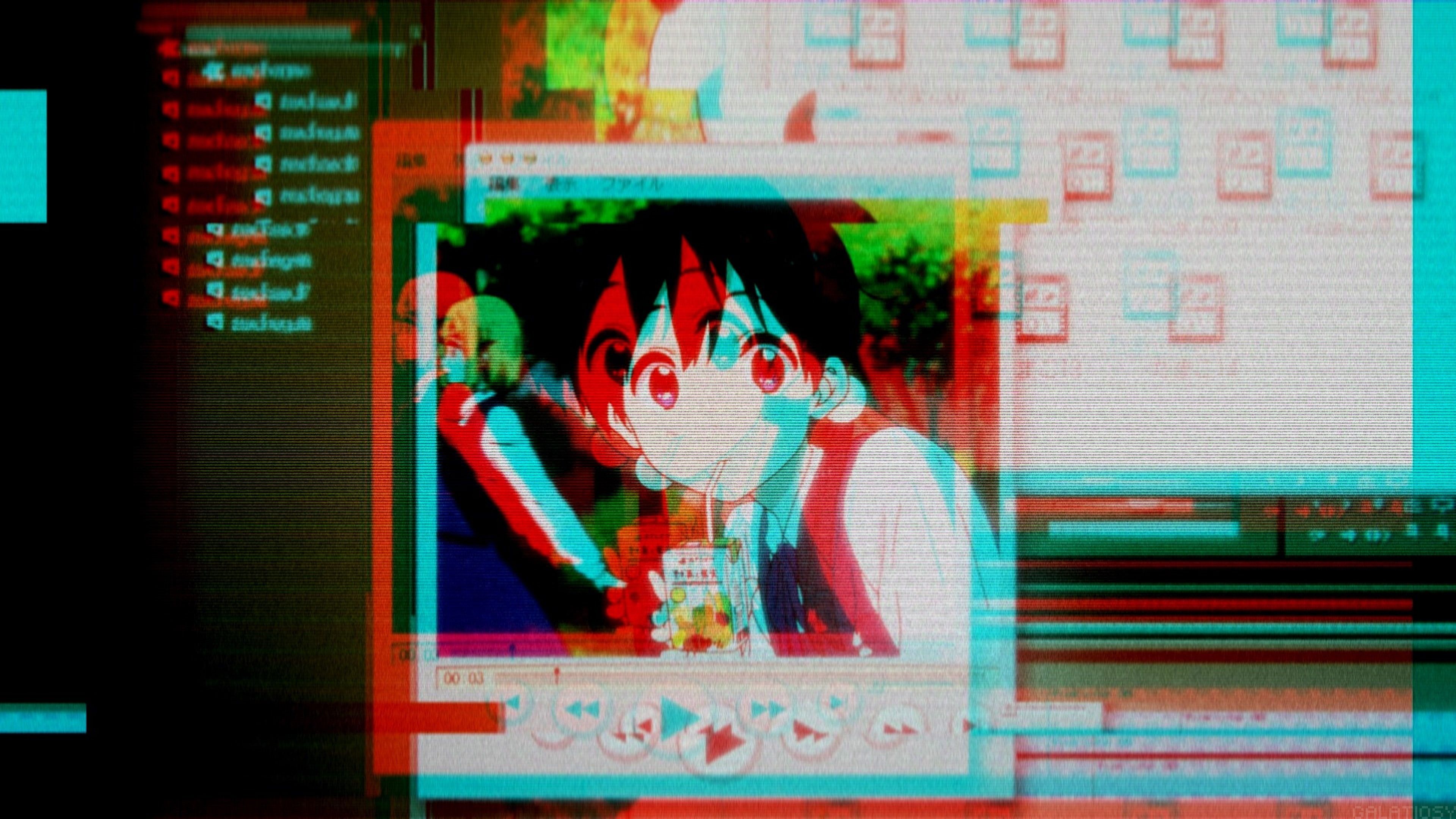 Anime-Junge, Glitch-Effekt, Retro-Fenster, Vaporwave, Rot und Cyan, 4K, Desktop-Hintergrund