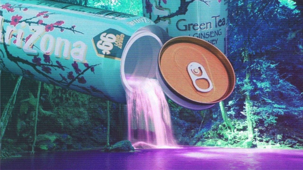 AriZona Green Tea, Getränkedose, Wasserfall, Surreal, Dschungel, Vaporwave, HD, Laptop-Hintergrundbild