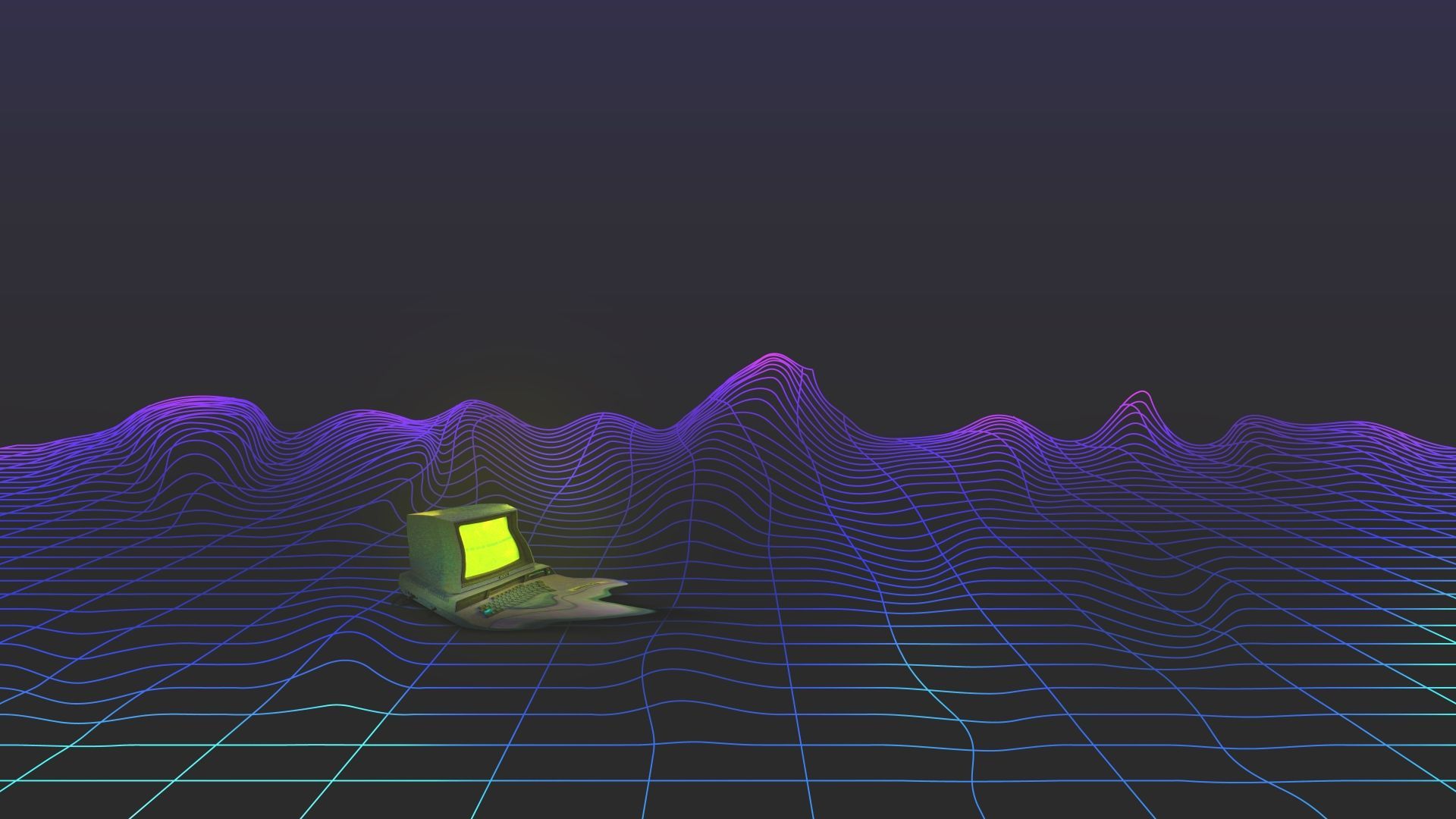 Retro-Computer, Neon-Gitter, Synthwave, Lila Töne, Wireframe, 1920x1080, Desktop-Hintergrund