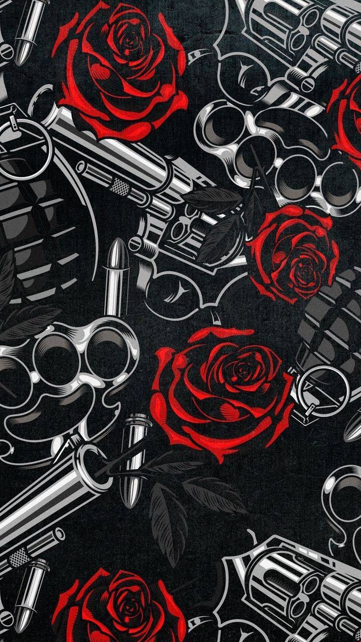 Guns N’ Roses, Rote Rosen, Revolver, Muster, Schwarzer Hintergrund, Sperrbildschirm fürs iPhone