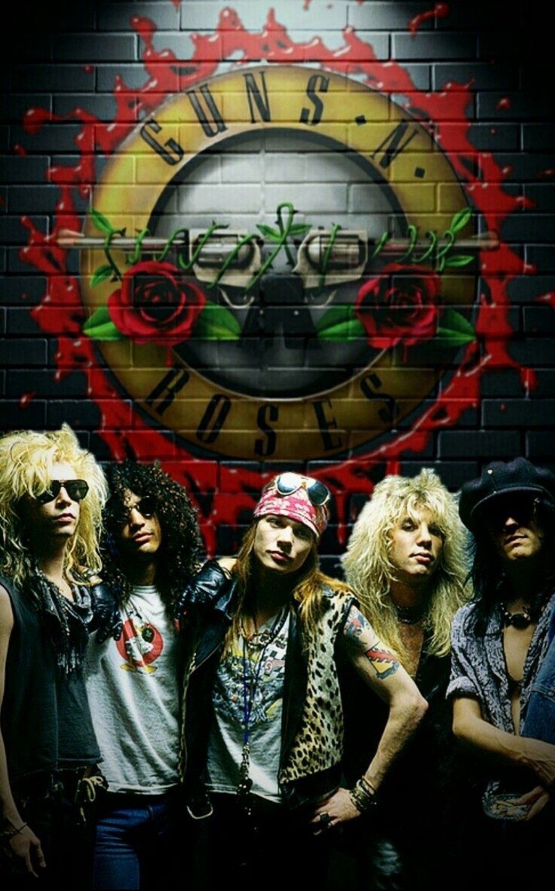 Guns N’ Roses, Bandlogo, Bandfoto, Rockband, Ziegelwand, Full HD, iPhone-Hintergrundbild