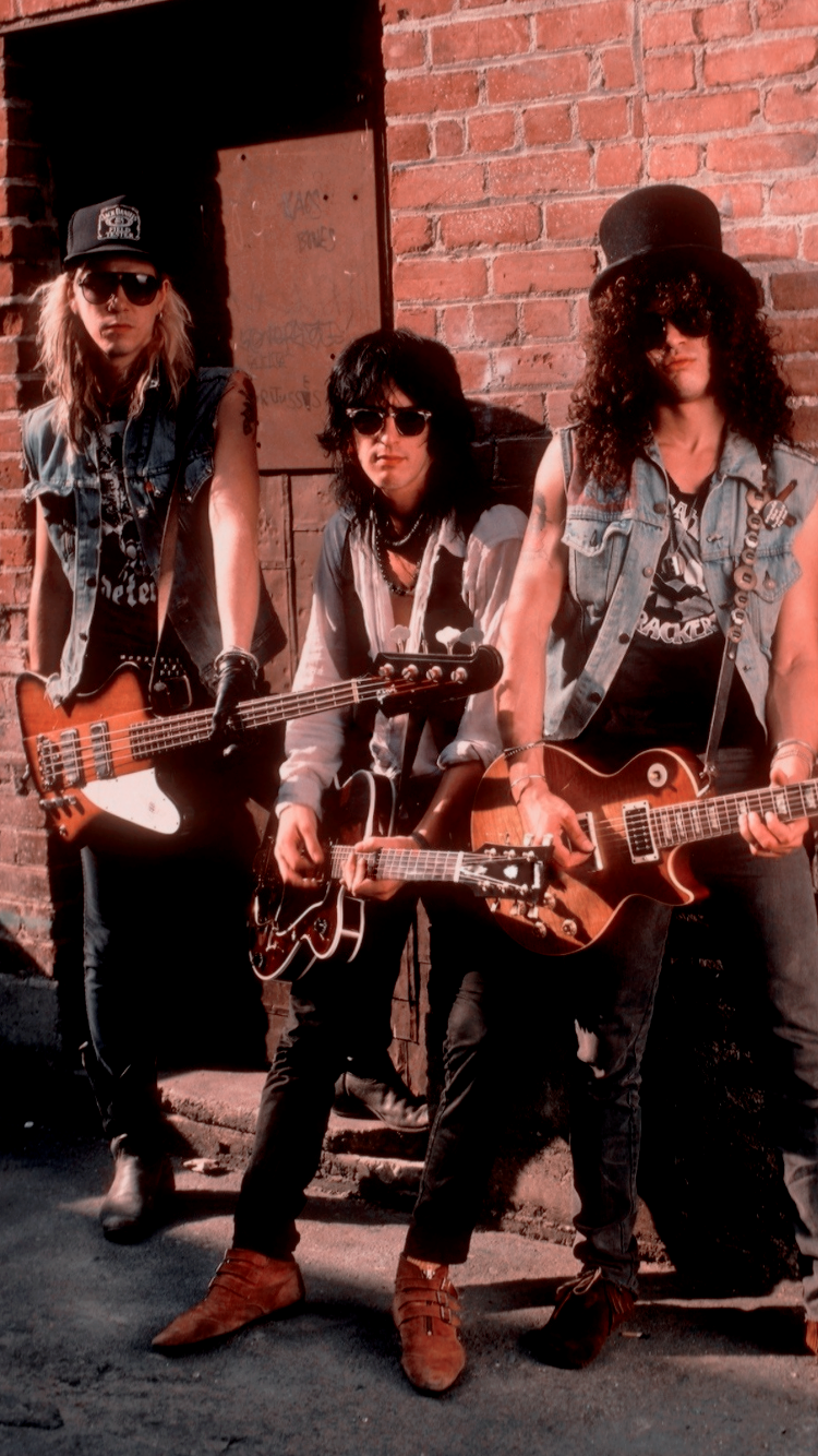 Guns N’ Roses, Bandmitglieder, E-Gitarren, Rockband, Ziegelwand, 750x1334, Handy-Hintergrund
