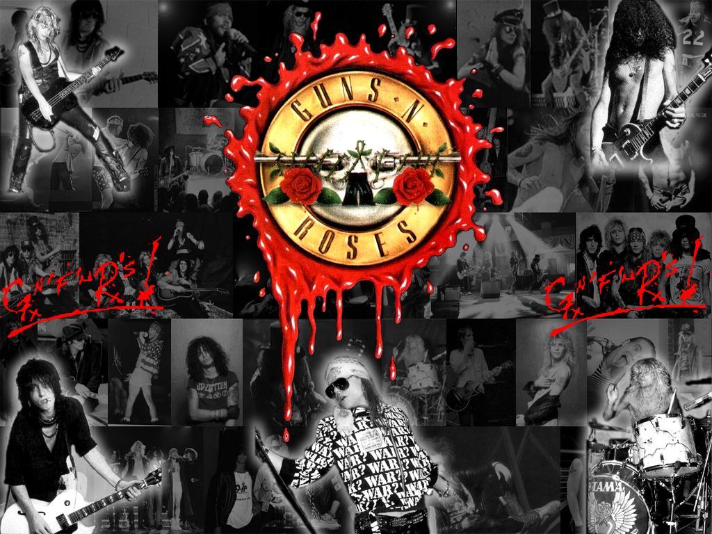 Guns N’ Roses, Bandlogo, Collage, Blutrote Farbe, Schwarz-Weiß, Hintergrundbild fürs Tablet