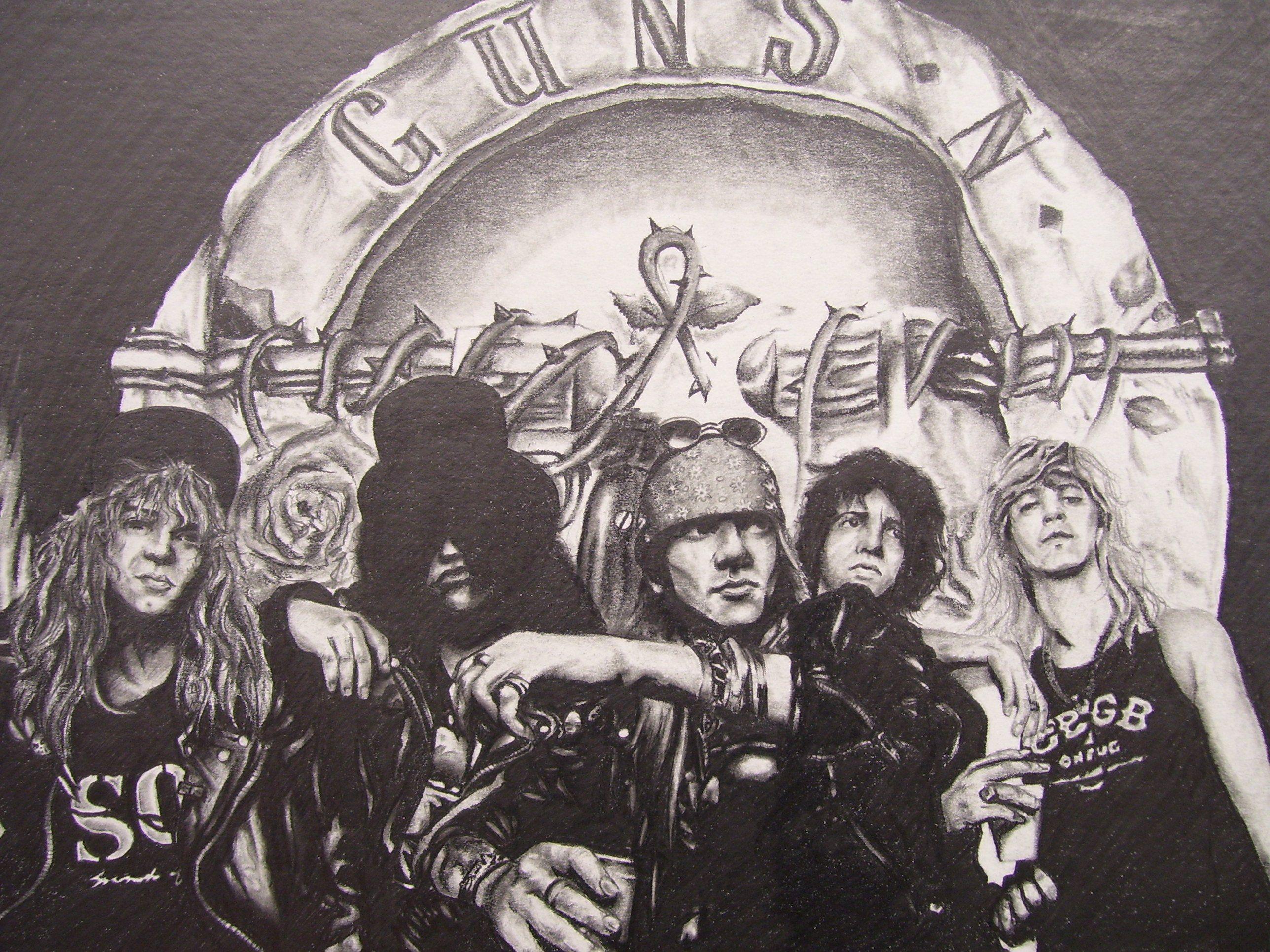 Guns N’ Roses, Bandlogo, Bleistiftzeichnung, Bandmitglieder, Grau, Hintergrundbild fürs iPad
