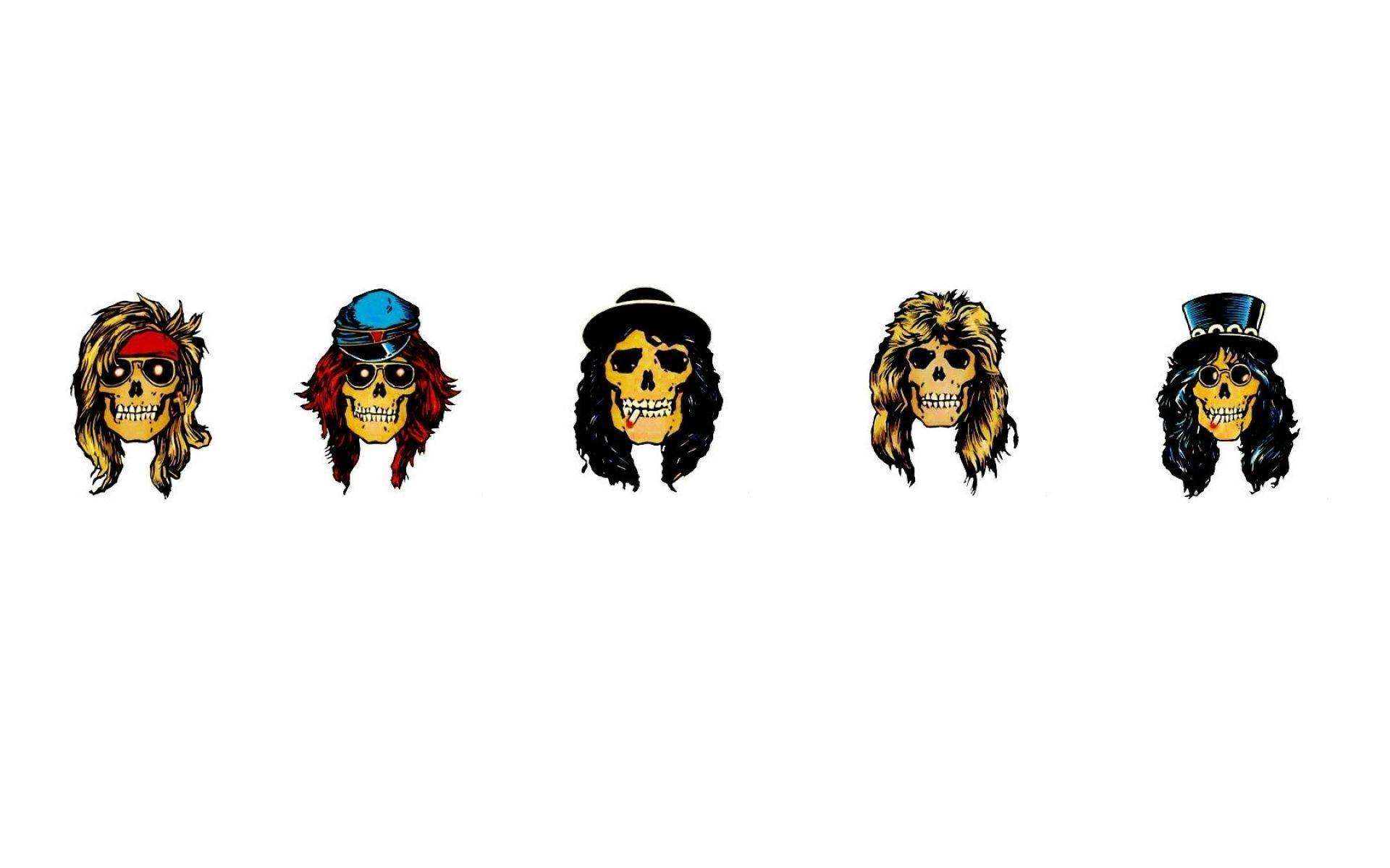Guns N’ Roses, Totenköpfe, Illustration, Weißer Hintergrund, Bandmitglieder, Full HD Wallpaper