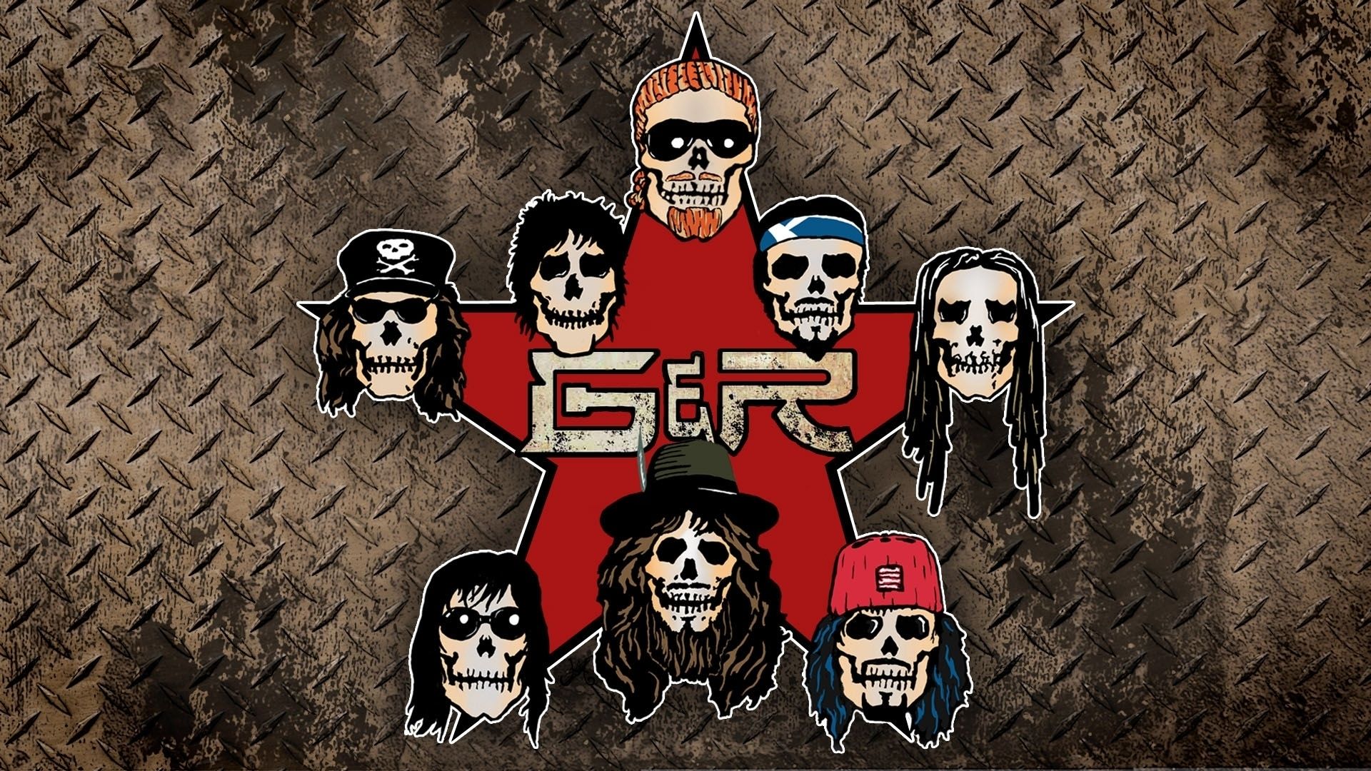Guns N’ Roses, GNR, Totenköpfe, Roter Stern, Metalloptik, Full-HD-Hintergrundbild für PC