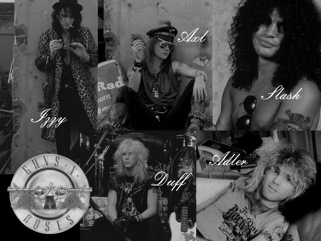 Guns N’ Roses, Axl Rose, Slash, Izzy Stradlin, Duff McKagan, Steven Adler, Schwarz-Weiß, Collage, Tablet-Hintergrundbild