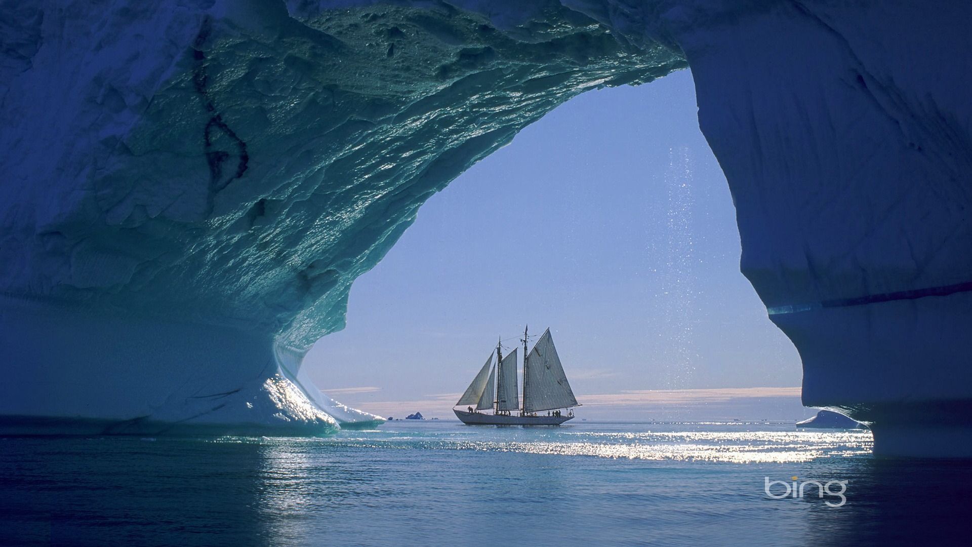 Eisberg, Eisbogen, Segelschiff, Meer, Arktis, Blau, Full HD, Desktop-Hintergrund für Windows