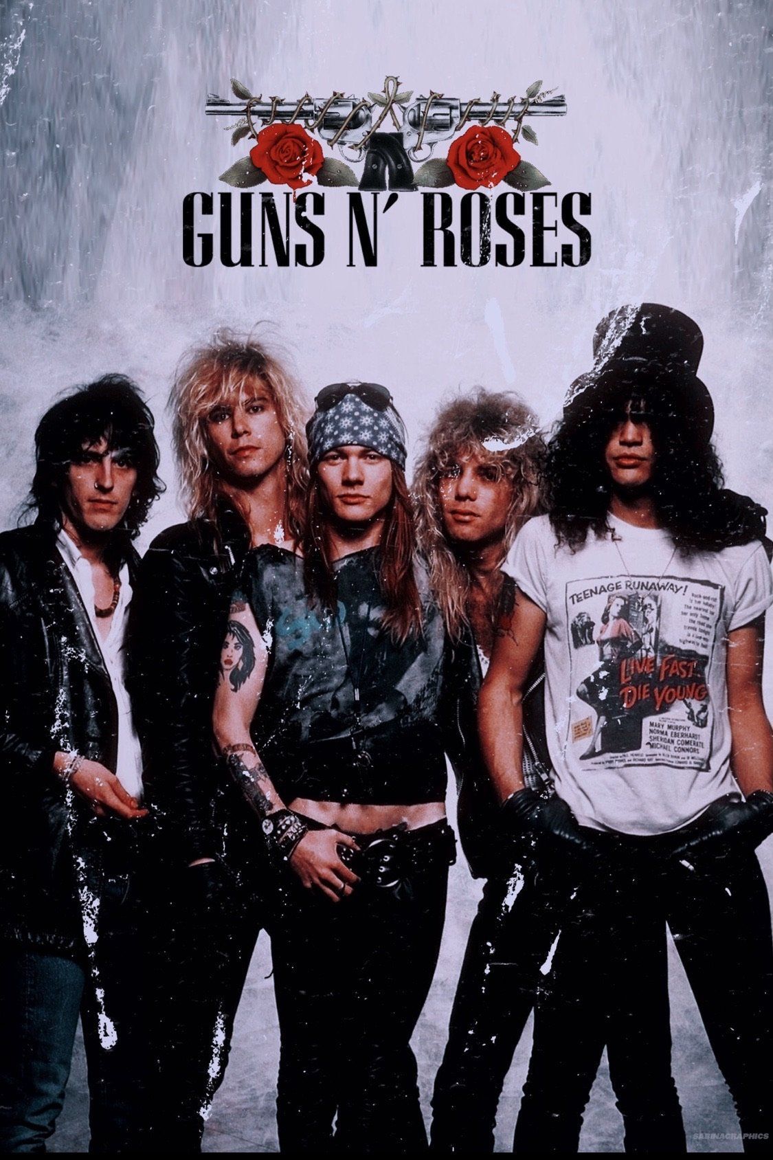 Guns N’ Roses, Bandfoto, Schriftzug, Rosen, Achtziger, Full HD, Handy-Hintergrund im Hochformat