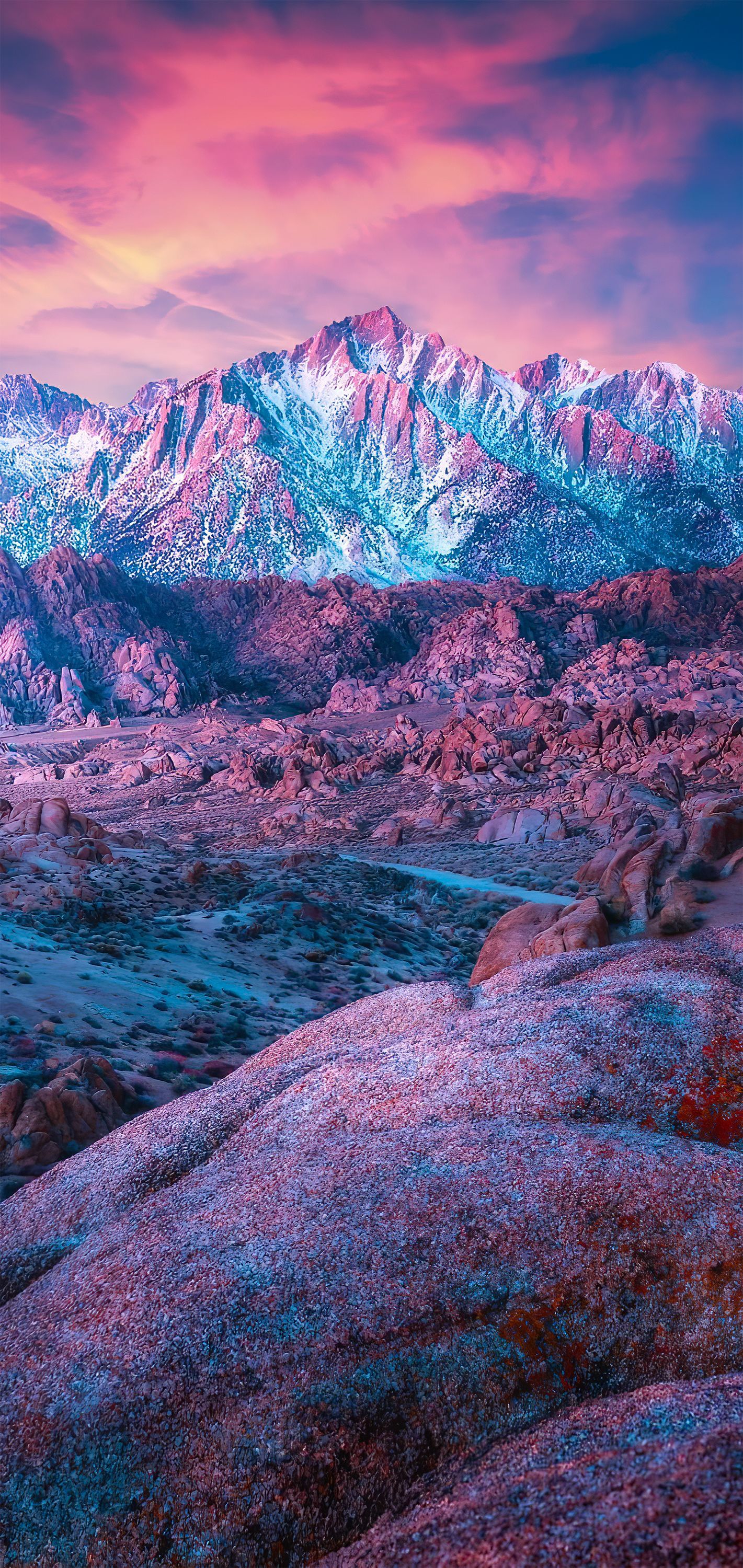 Gebirge, Schneegipfel, Felsen, Rosa Himmel, Sonnenuntergang, Android-Hintergrundbild