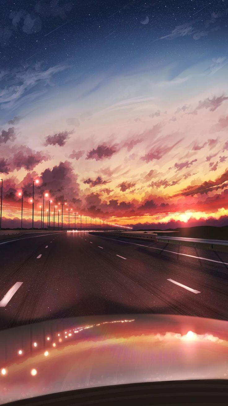 Straße, Sonnenuntergang, Brücke, Anime-Stil, Wolken, Pfütze, iPhone-16-Plus-Wallpaper