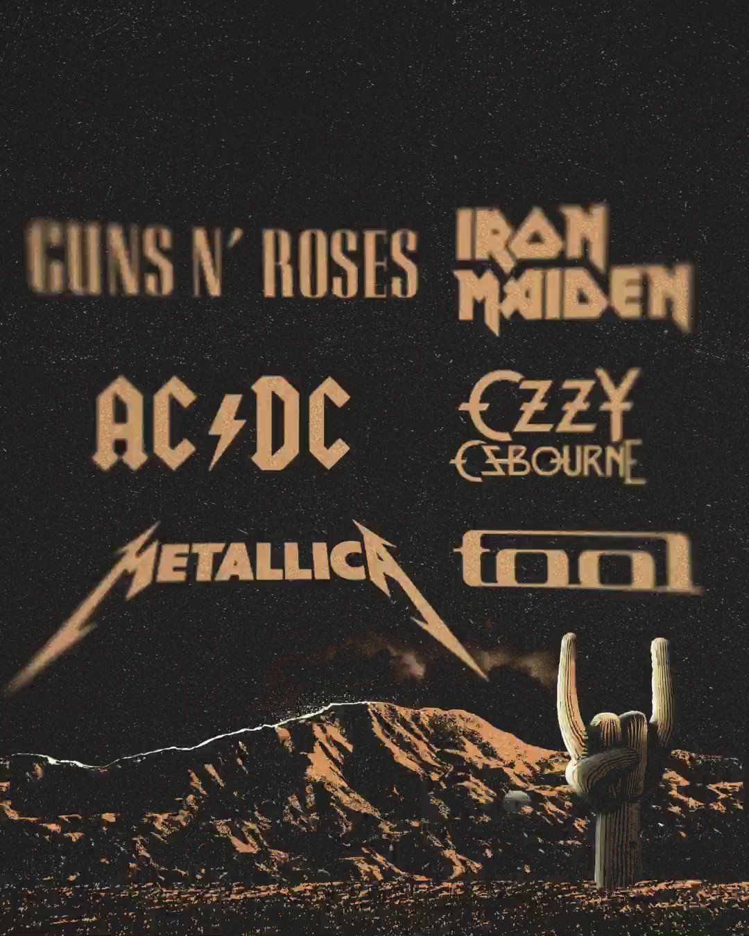 Guns N’ Roses, Iron Maiden, AC/DC, Ozzy Osbourne, Metallica, Tool, Bandlogos, Wüste, Tablet-Hintergrund