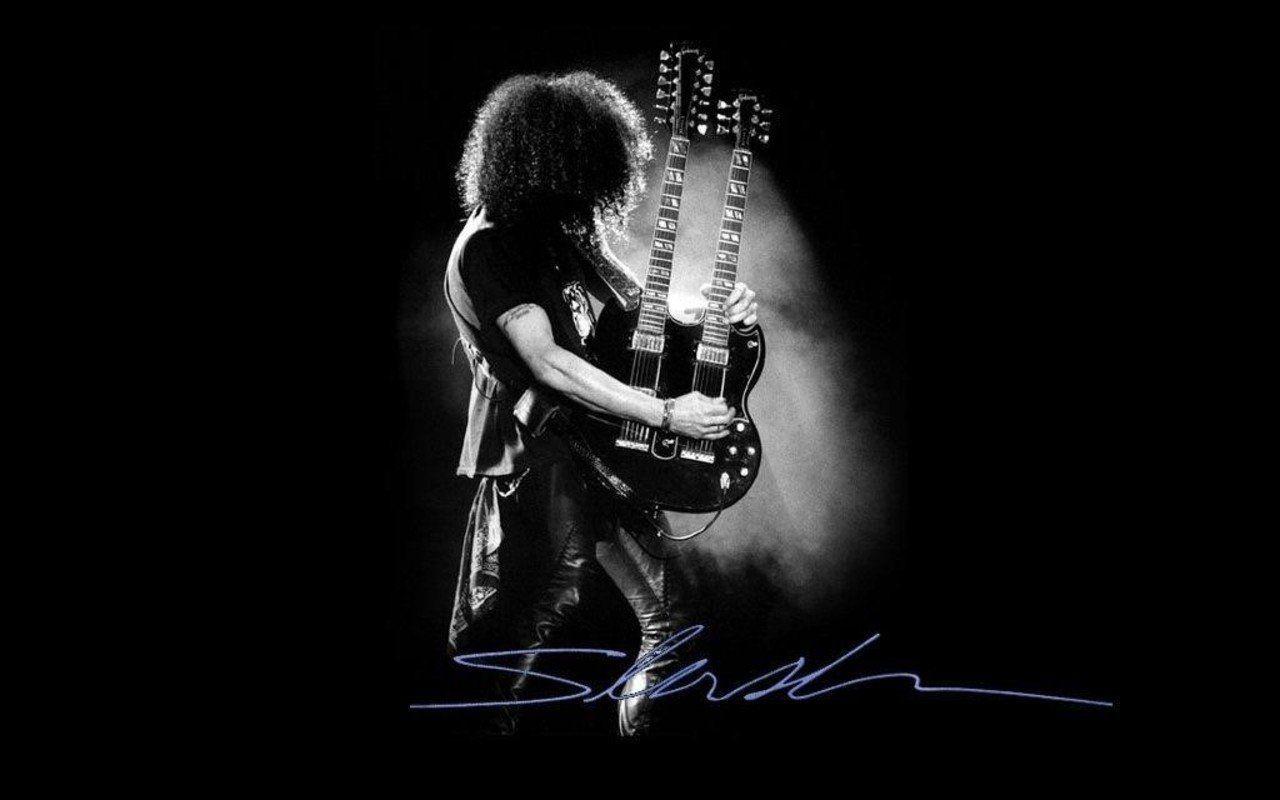 Slash, Guns N’ Roses, Doppelhalsgitarre, Autogramm, Schwarz-Weiß, Spotlight, HD-PC-Hintergrundbild