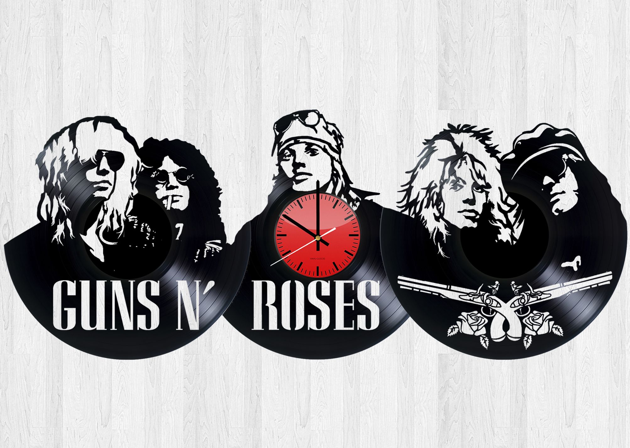 Guns N’ Roses, Schallplatte, Wanduhr, Silhouetten, Schwarz-Weiß, Full HD, Laptop-Hintergrundbild