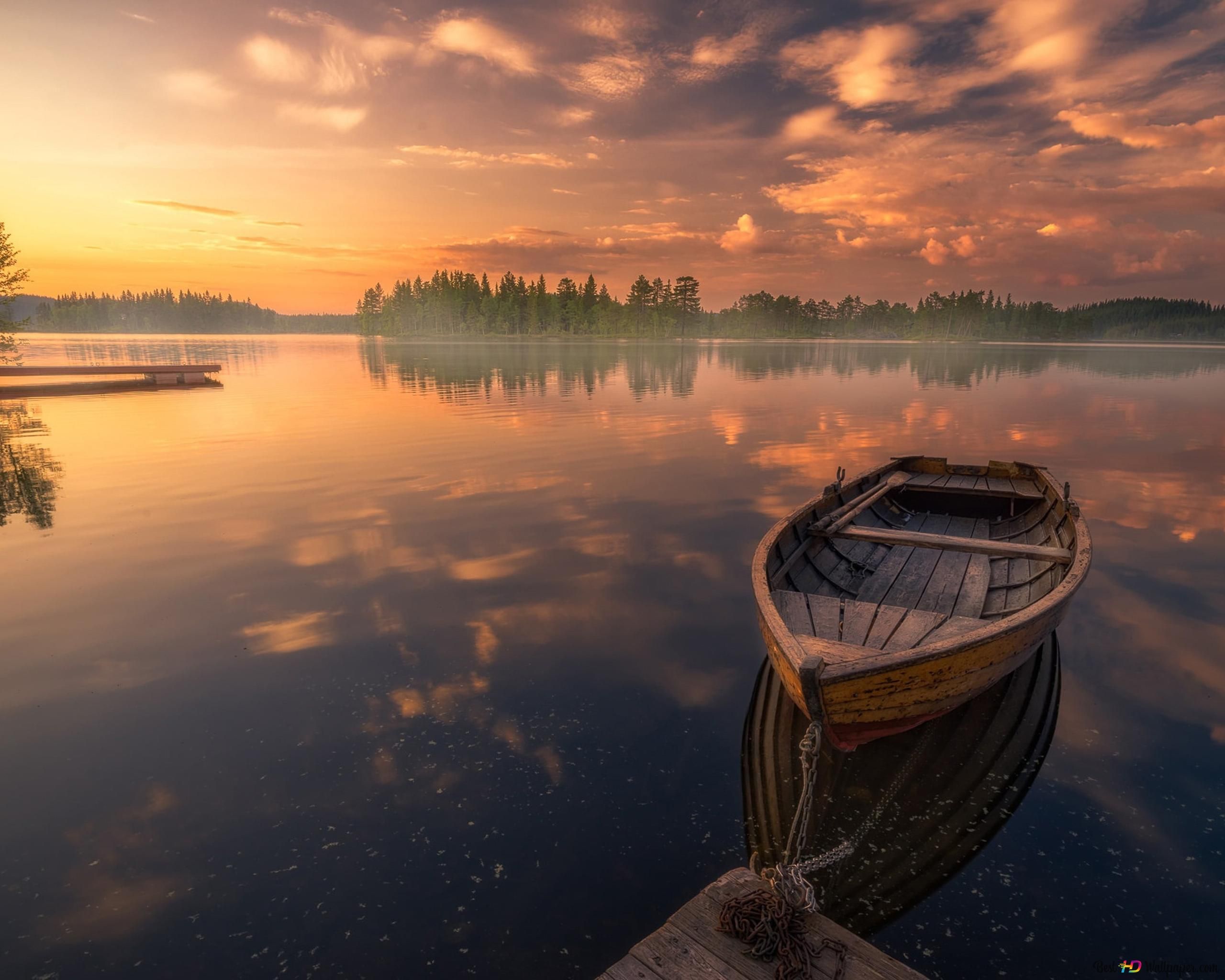 Ruderboot, See, Sonnenuntergang, Spiegelung, Steg, 2K, Hintergrund für den Desktop