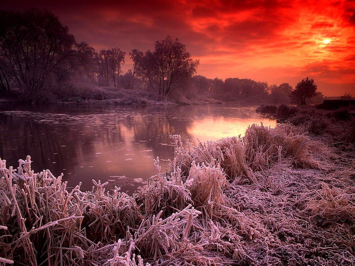 Raureif, Fluss, Roter Himmel, Frost, Winter, Hintergrundbild für iPad und Tablet