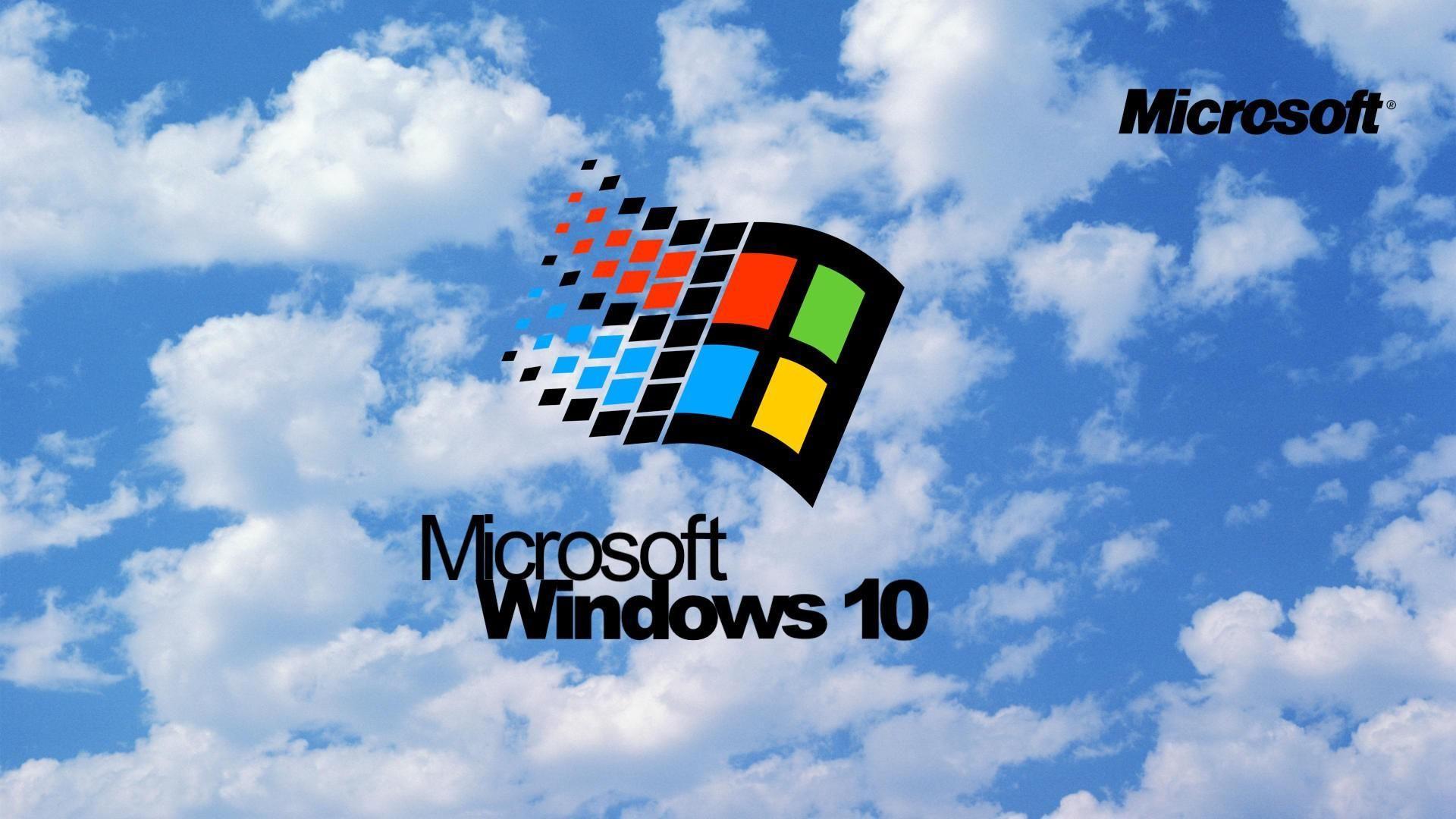 Windows 95, Windows-Logo, Microsoft, Wolken, Blauer Himmel, Retro, Full HD, PC-Hintergrundbild