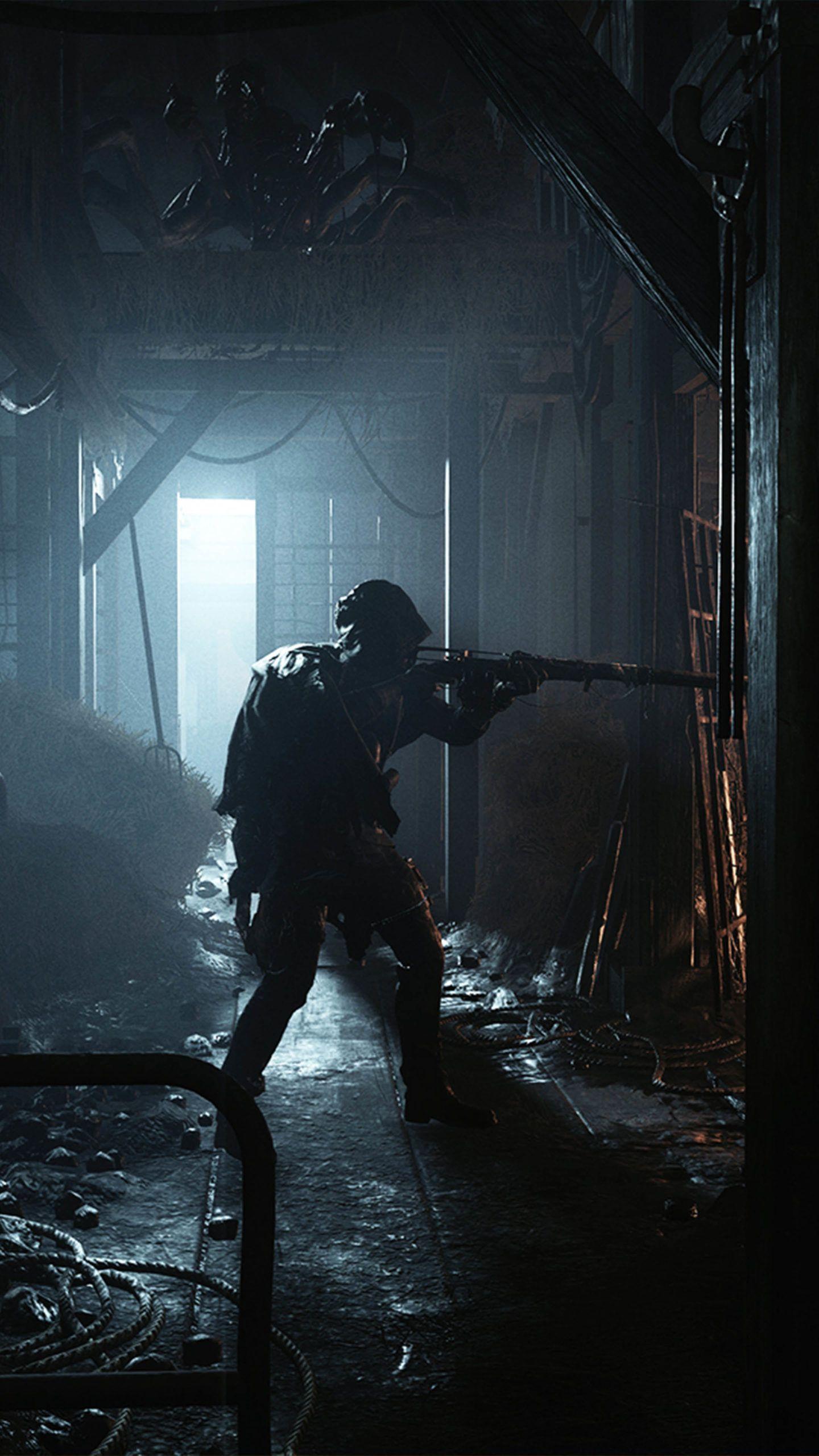 Hunt: Showdown, Jäger, Gewehr, Türrahmen, Dunkel, QHD+, Hintergrundbild fürs Handy