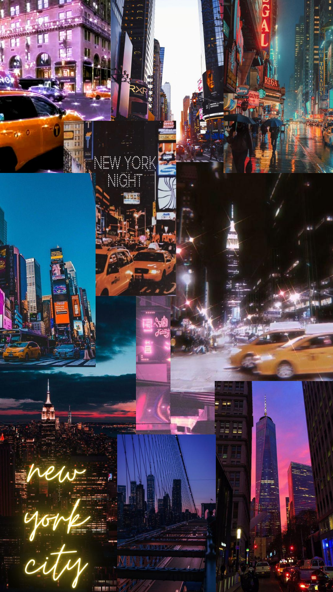 New York City, Times Square, Collage, Neonlichter, Nacht, Ästhetik, 1080x1920, Handy-Hintergrund